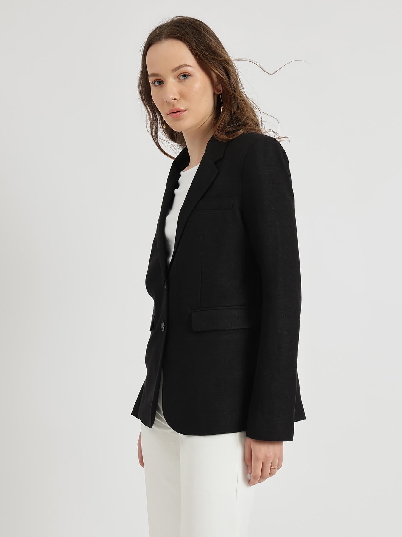 Linen Single Breasted Blazer - Black