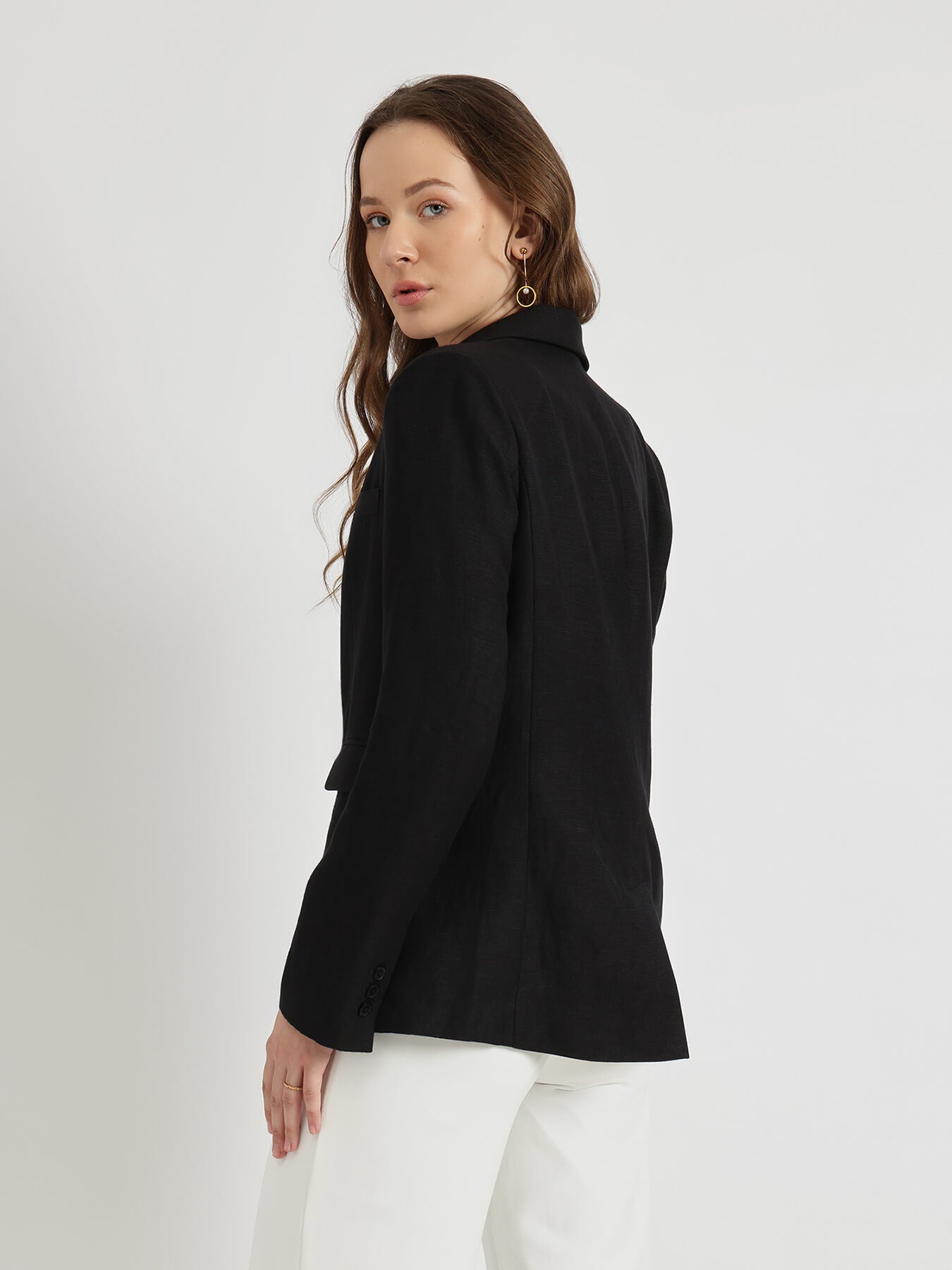 Linen Single Breasted Blazer - Black
