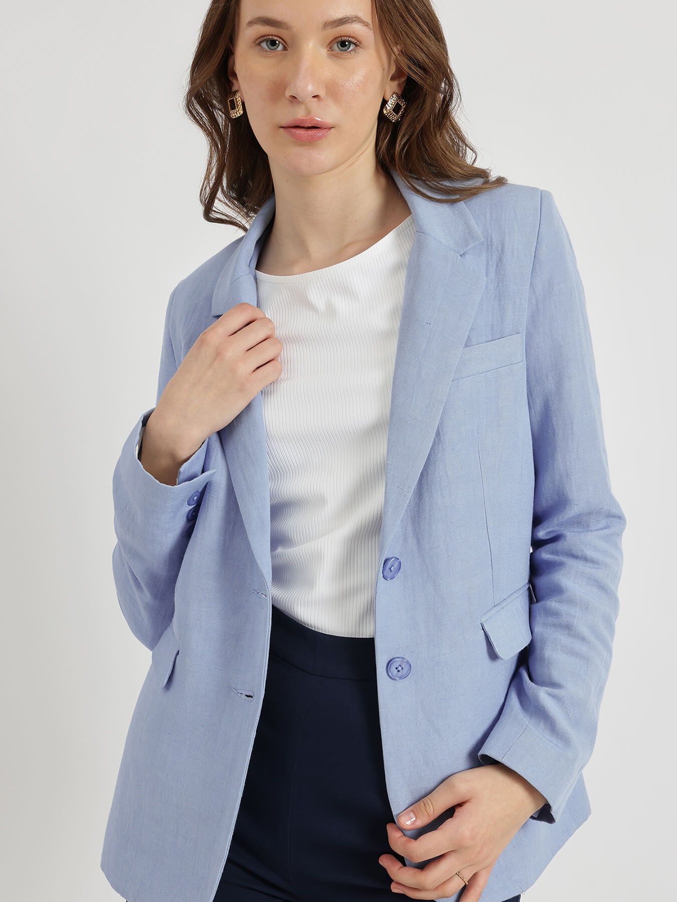 Linen Single Breasted Blazer - Blue