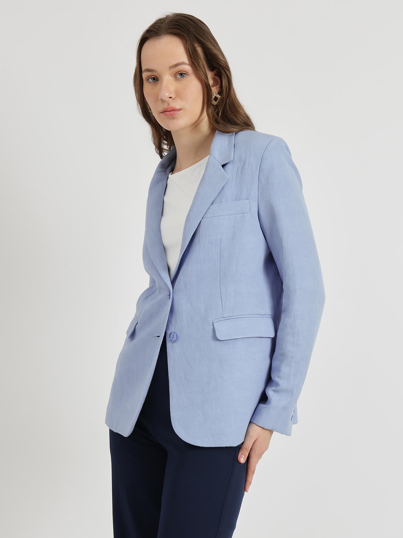 Linen Single Breasted Blazer - Blue