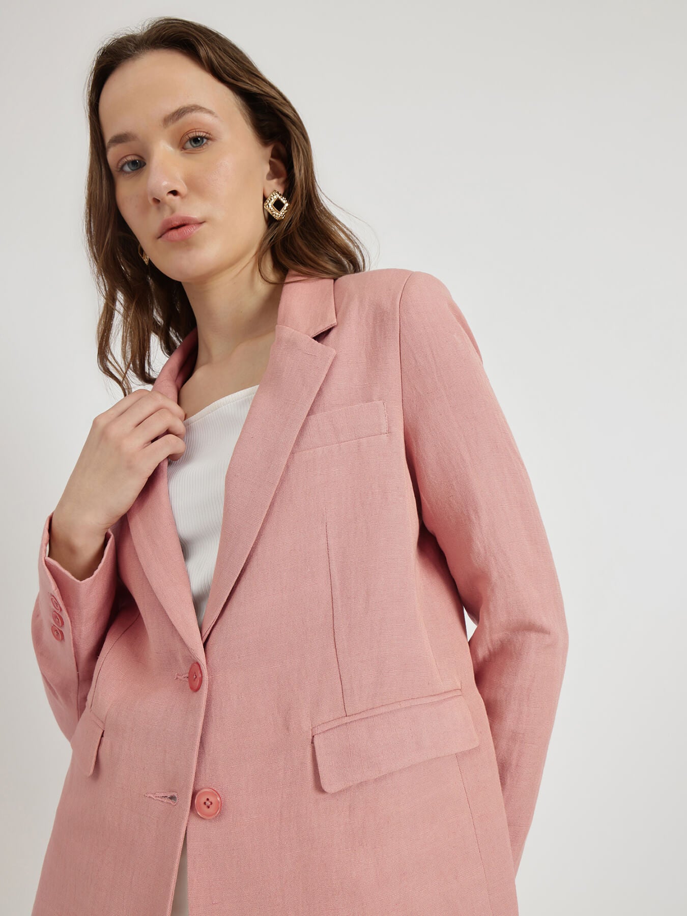 Linen Single Breasted Blazer - Pink