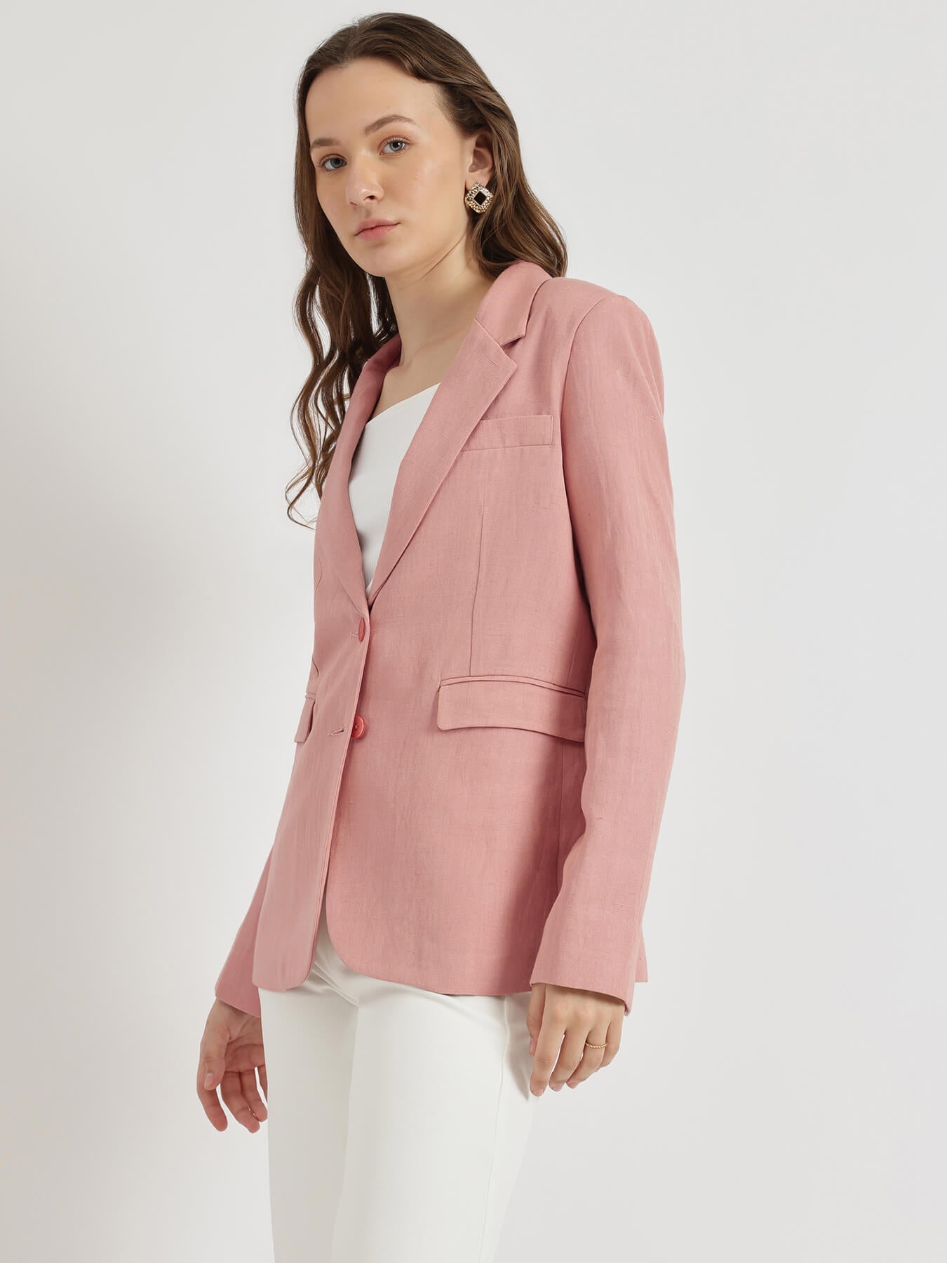 Linen Single Breasted Blazer - Pink