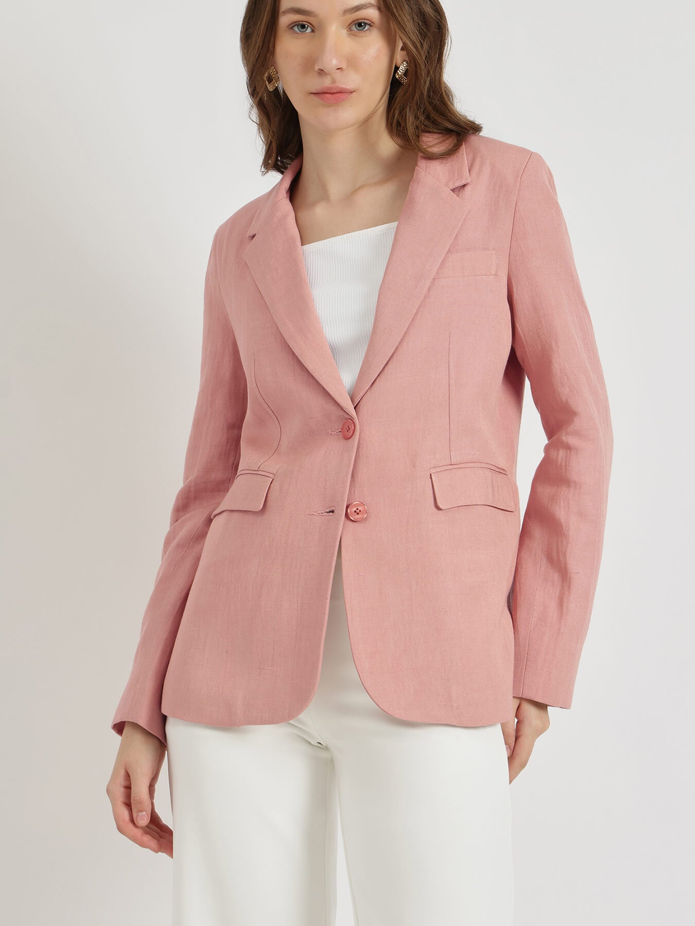 Linen Single Breasted Blazer - Pink