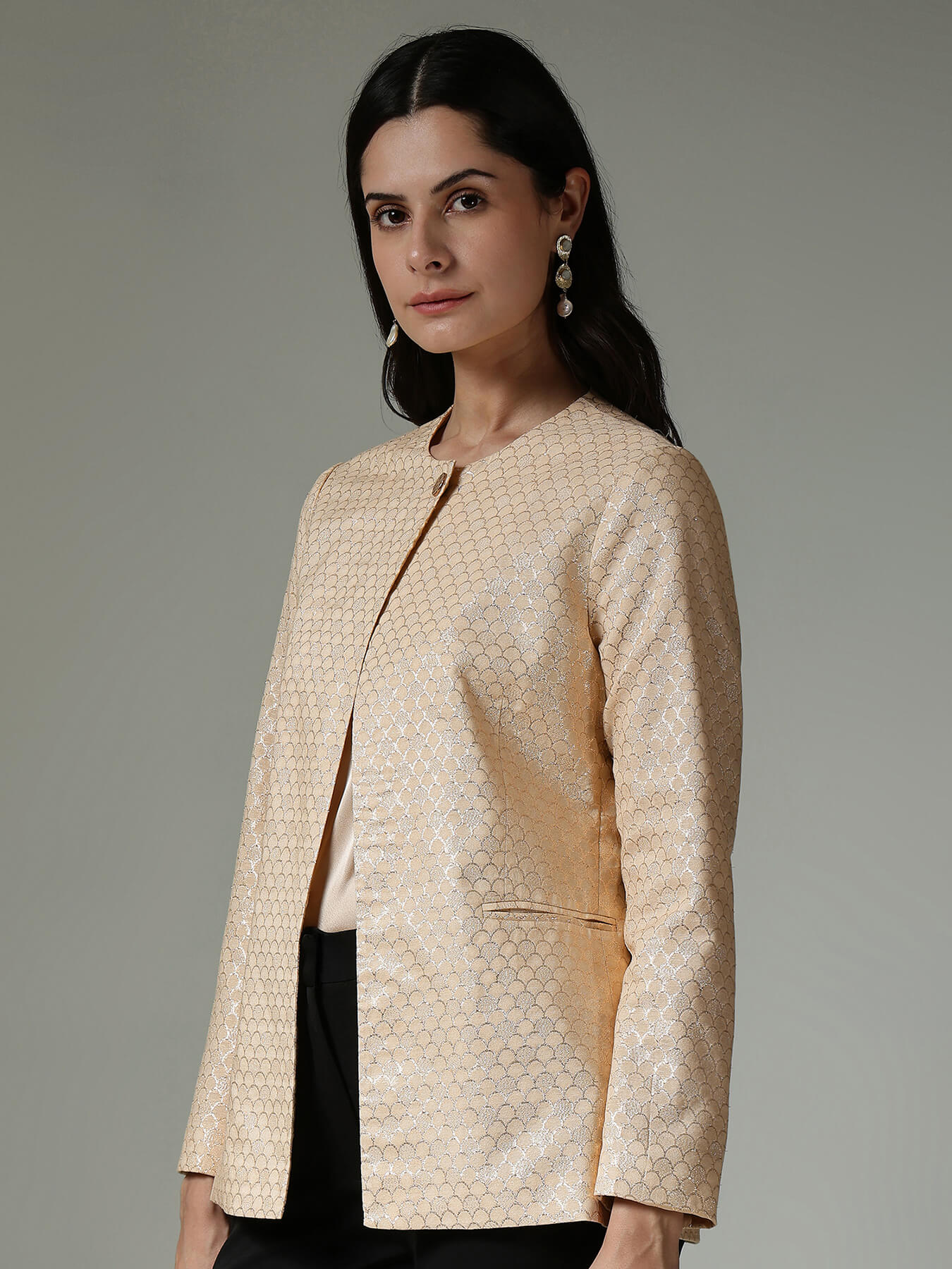 Brocade Round Neck Jacket - Beige