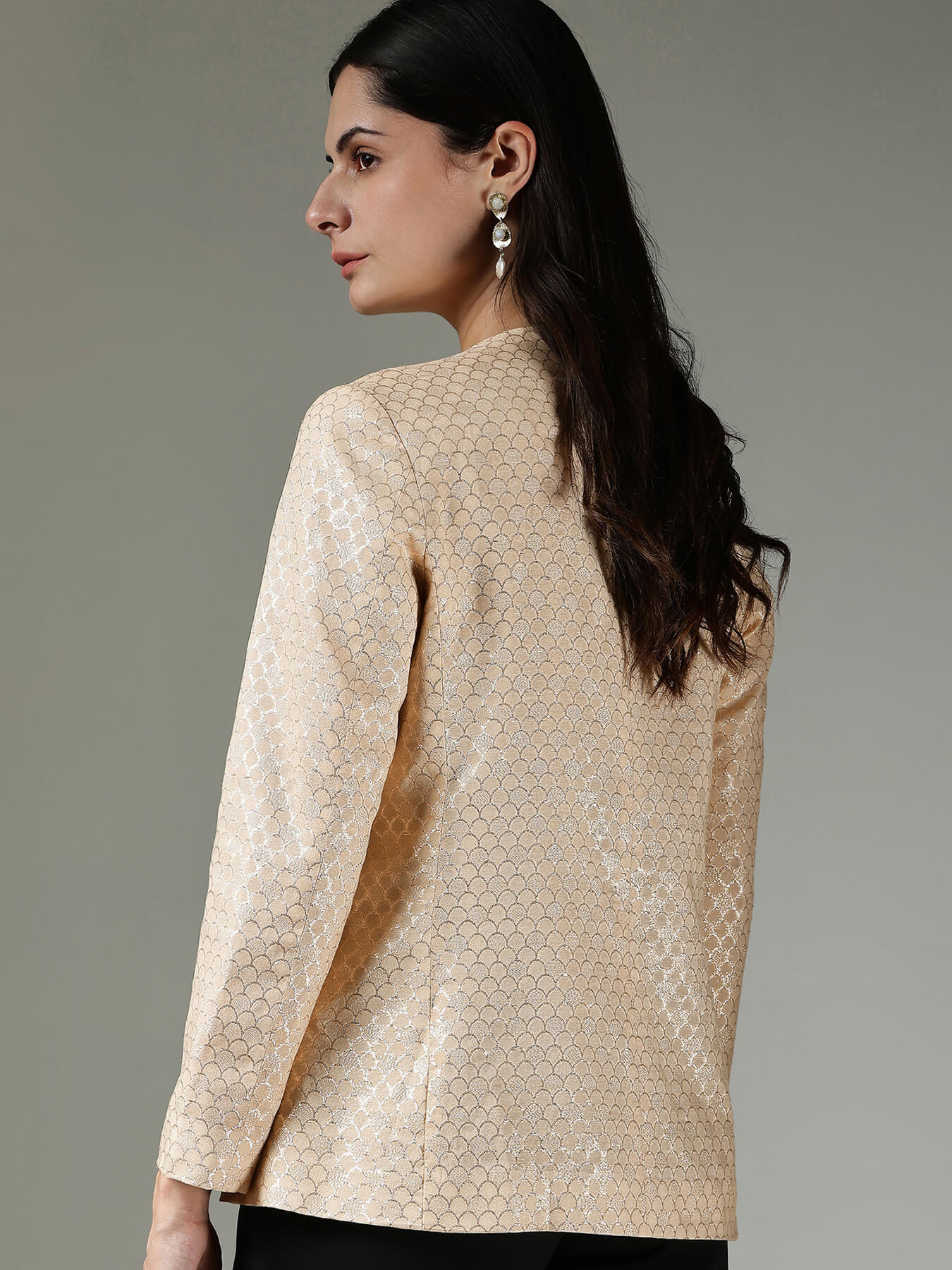 Brocade Round Neck Jacket - Beige