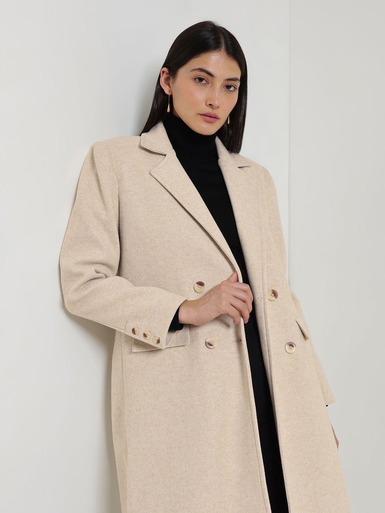 Double Breasted Long Overcoat - Beige