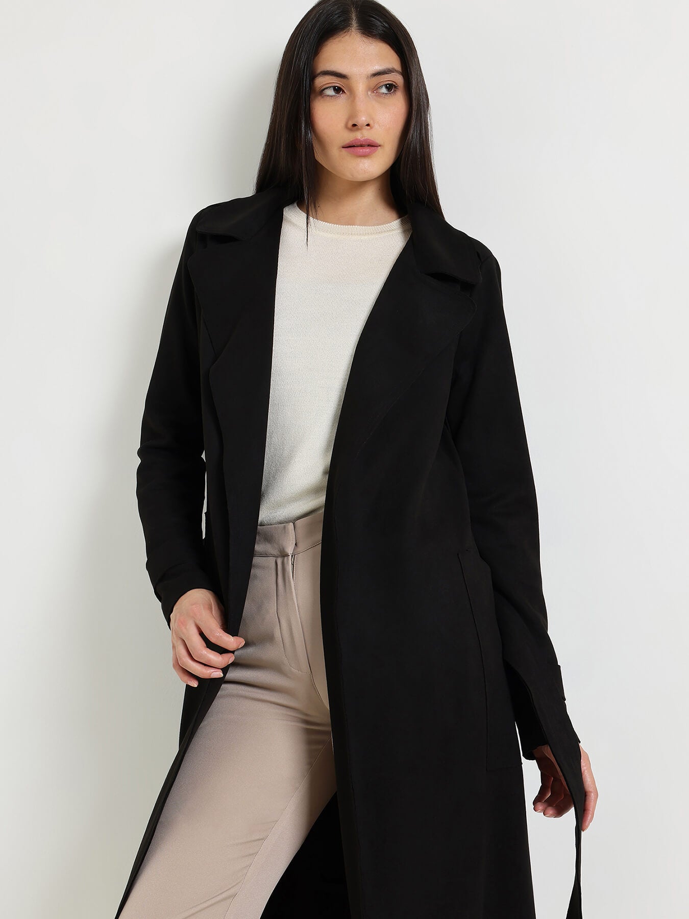 Double Breasted Long Overcoat - Black