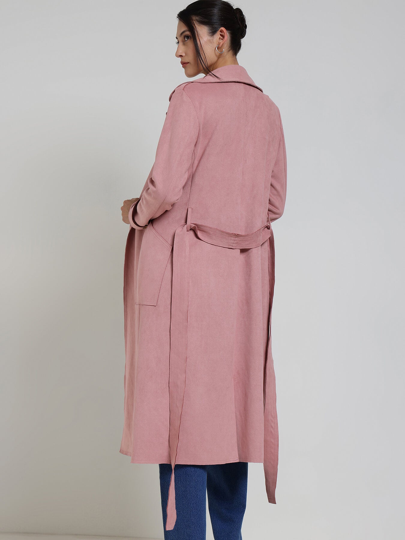 Suede Double Breasted Long Overcoat - Lilac