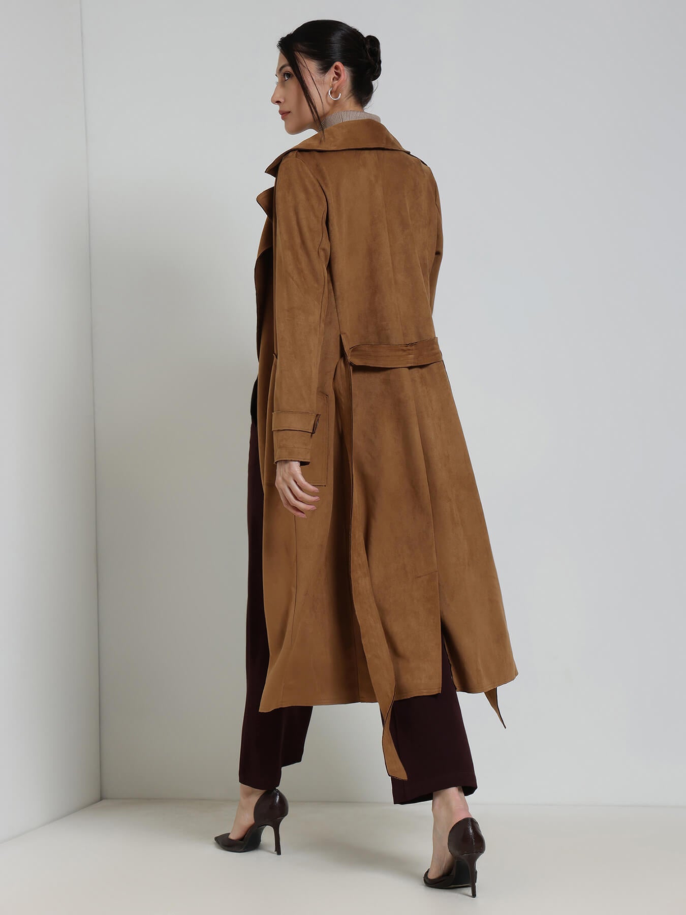 Suede Double Breasted Long Overcoat - Tan
