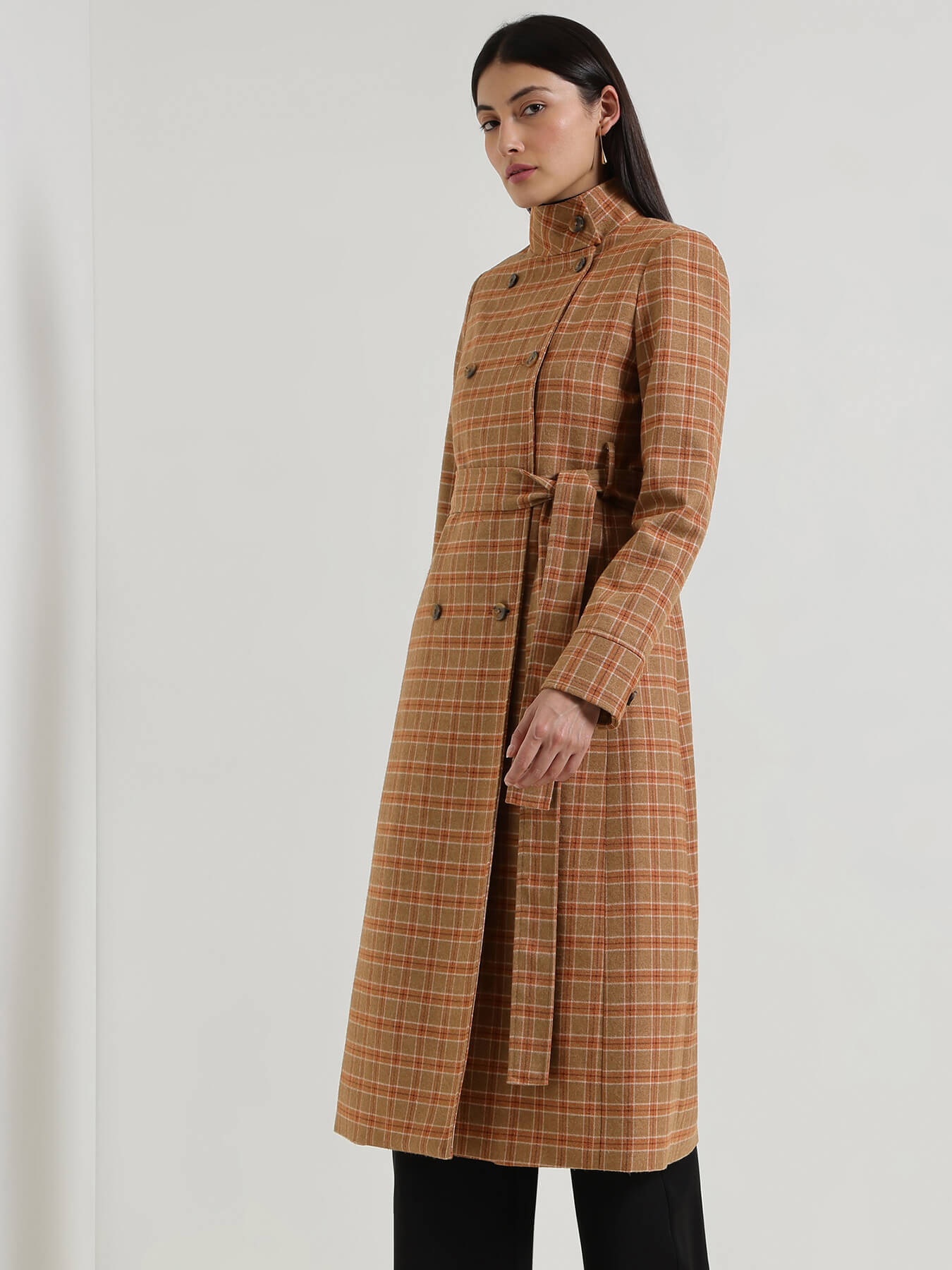 Double Breasted Tweed Long Overcoat - Brown