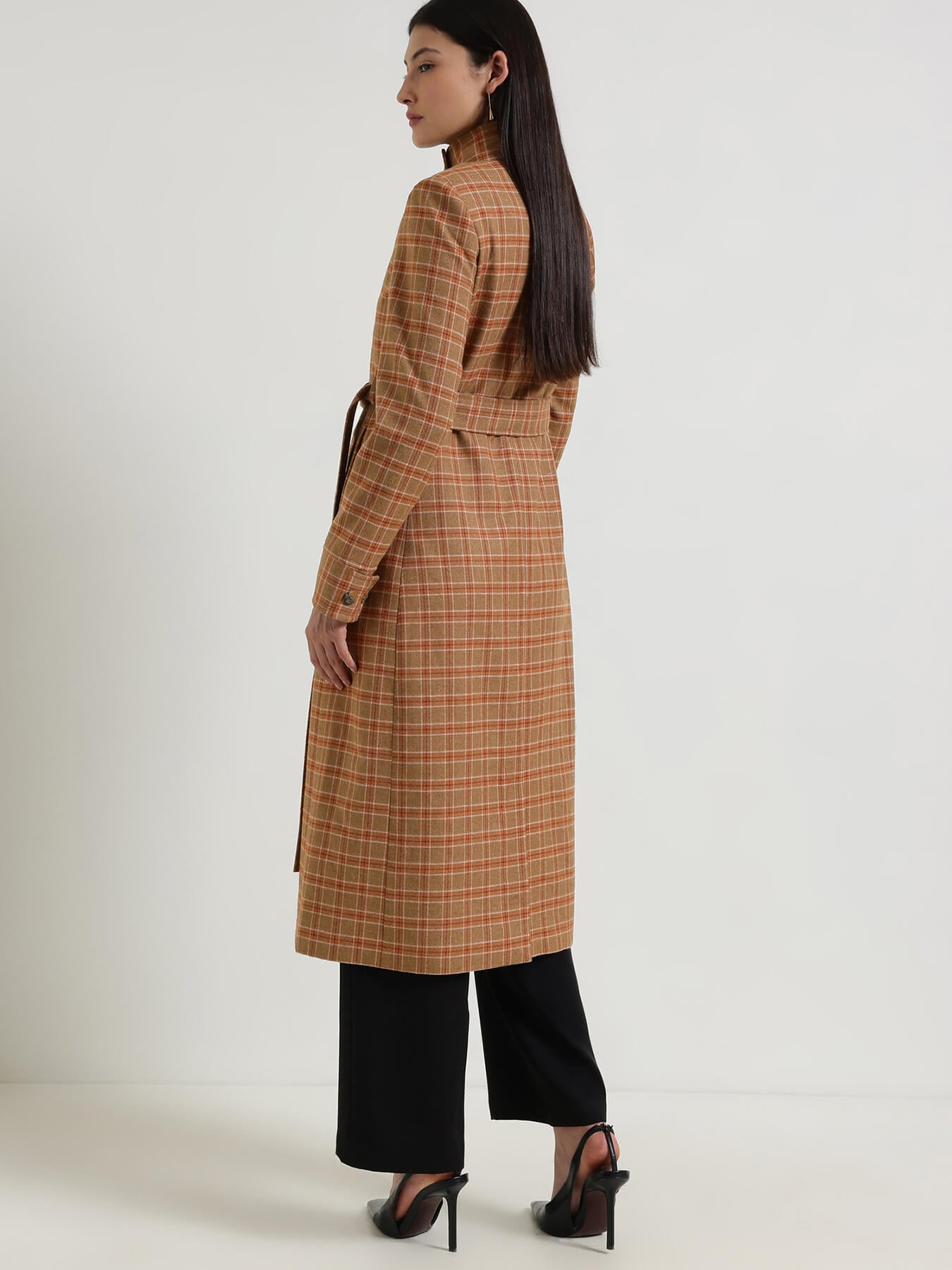 Double Breasted Tweed Long Overcoat - Brown