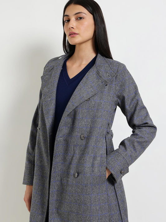 Double Breasted Tweed Long Overcoat - Grey