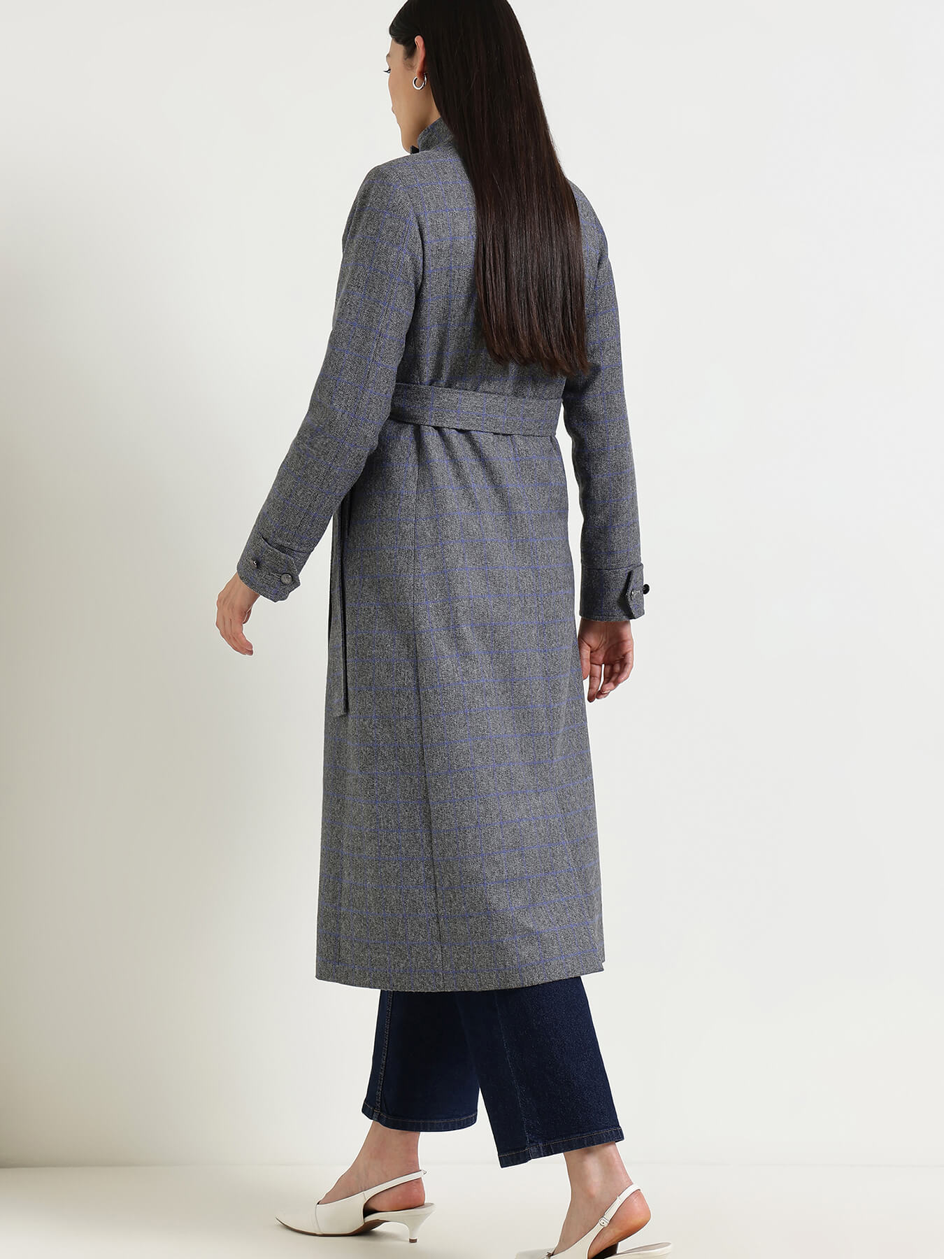 Double Breasted Tweed Long Overcoat - Grey