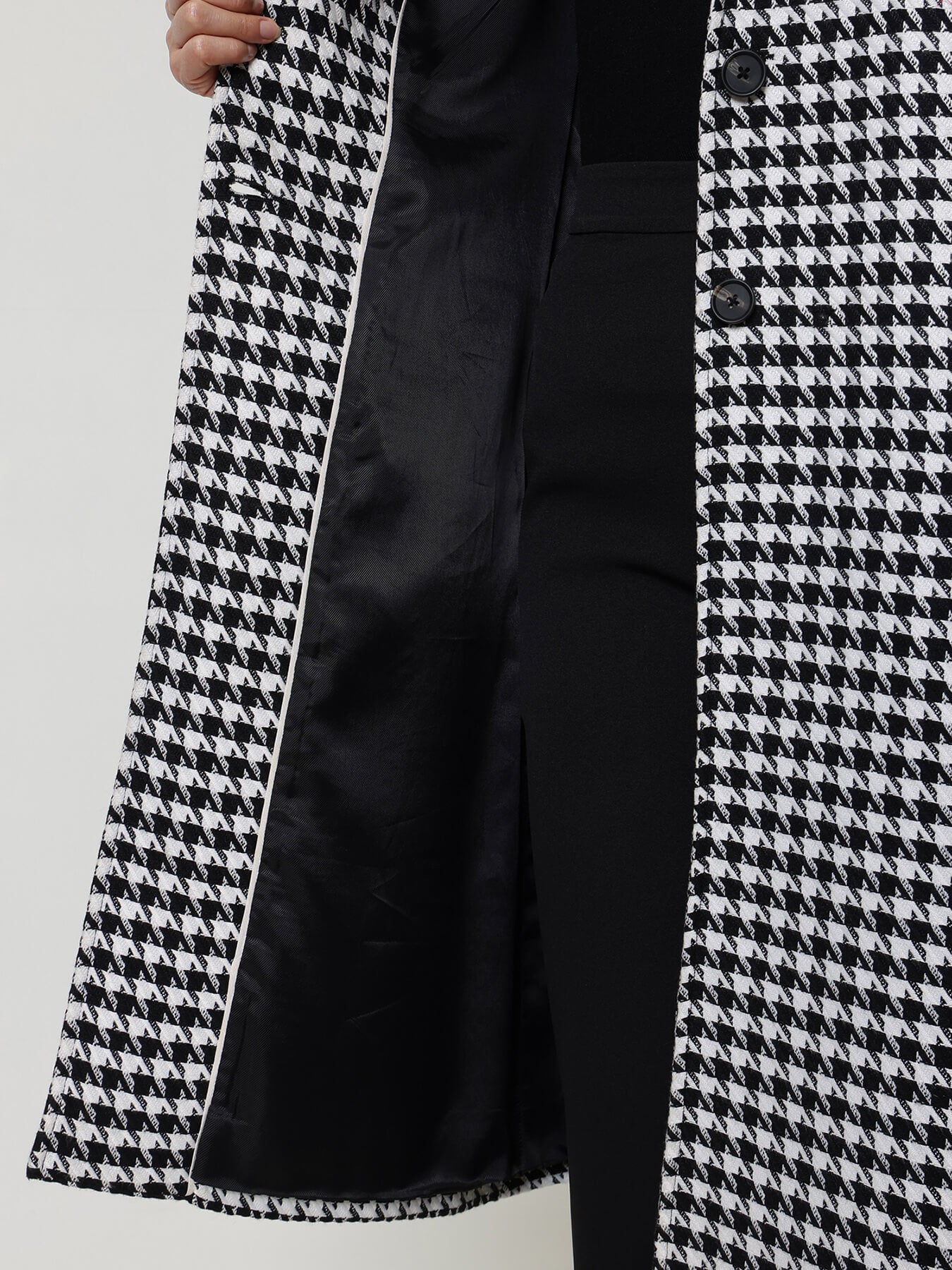 Single Breasted Tweed Long Overcoat - Black