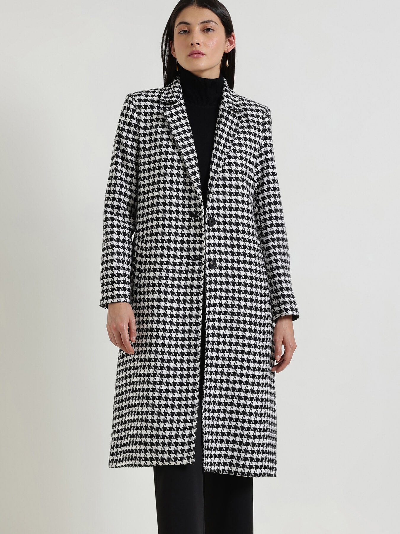 Single Breasted Tweed Long Overcoat - Black
