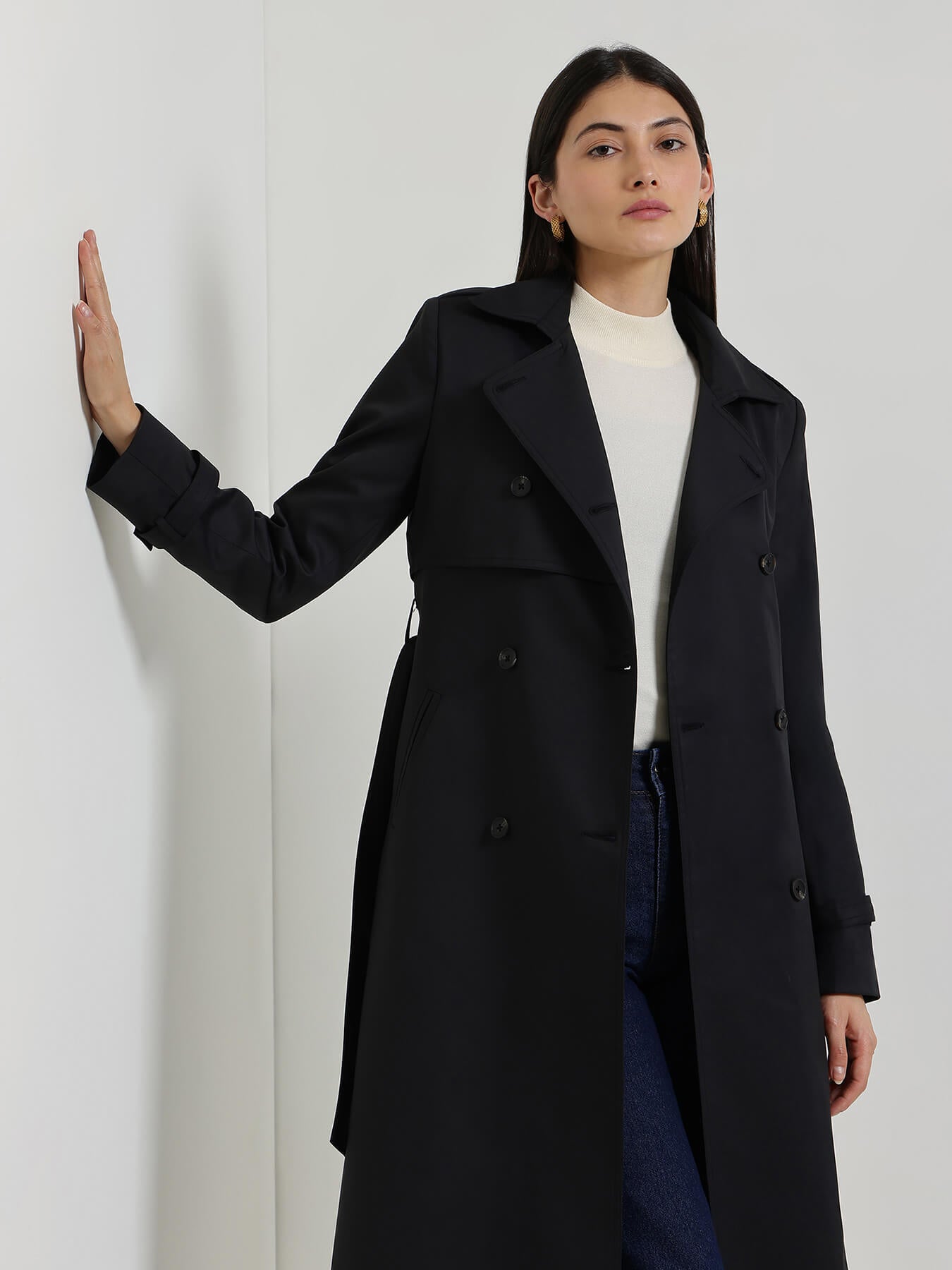 Double-Breasted Long Trench Coat - Black