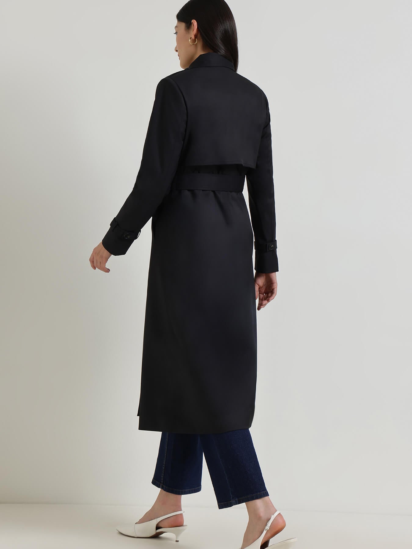 Double-Breasted Long Trench Coat - Black