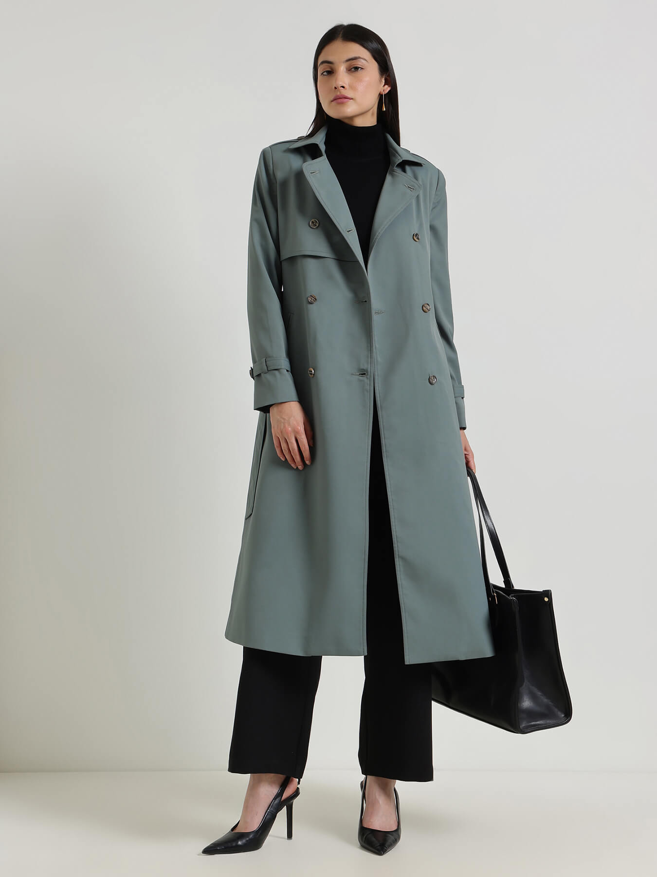 Double-Breasted Long Trench Coat - Grey