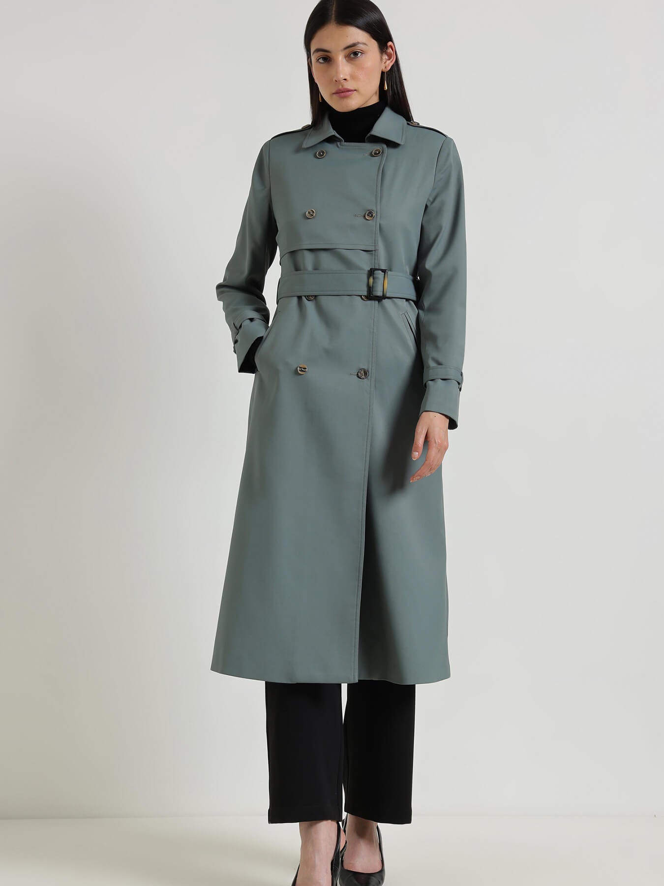Double-Breasted Long Trench Coat - Grey