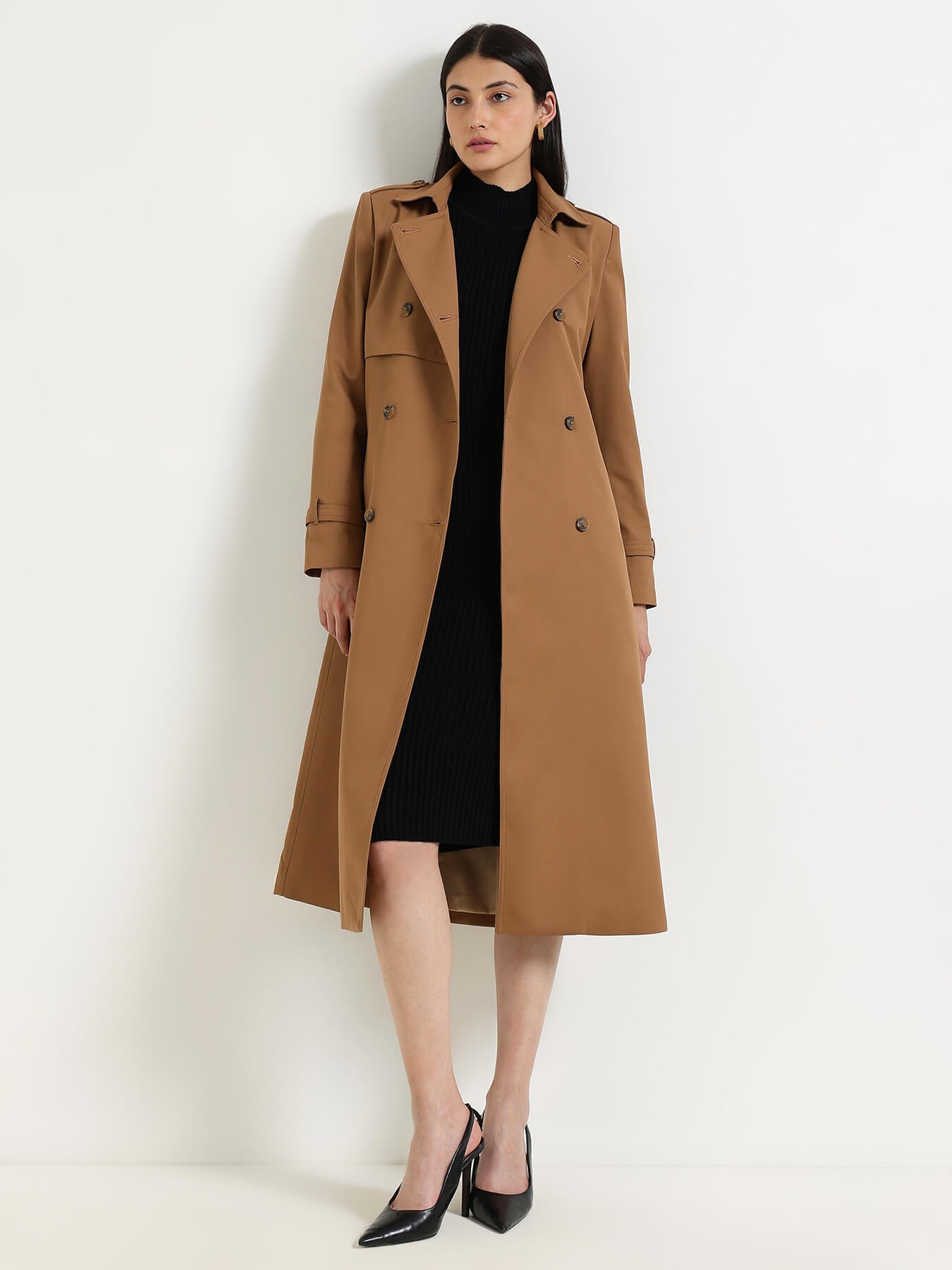 Double-Breasted Long Trench Coat - Tan