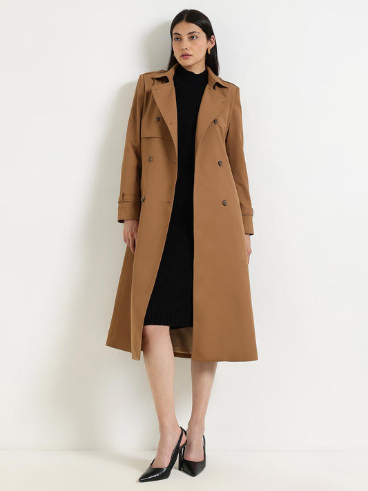 Double-Breasted Long Trench Coat - Tan