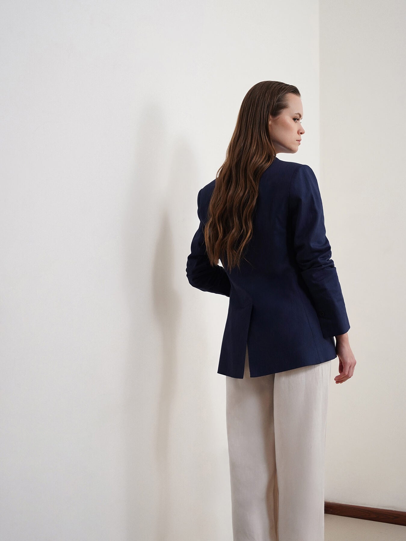 Cotton Linen Single Breasted Blazer - Navy