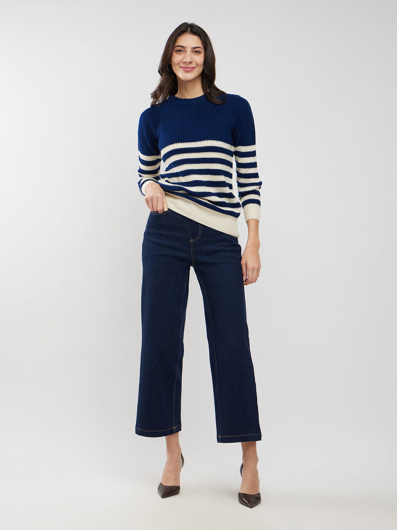 LivSoft Textured Knit Sweater - Navy Blue And Off White