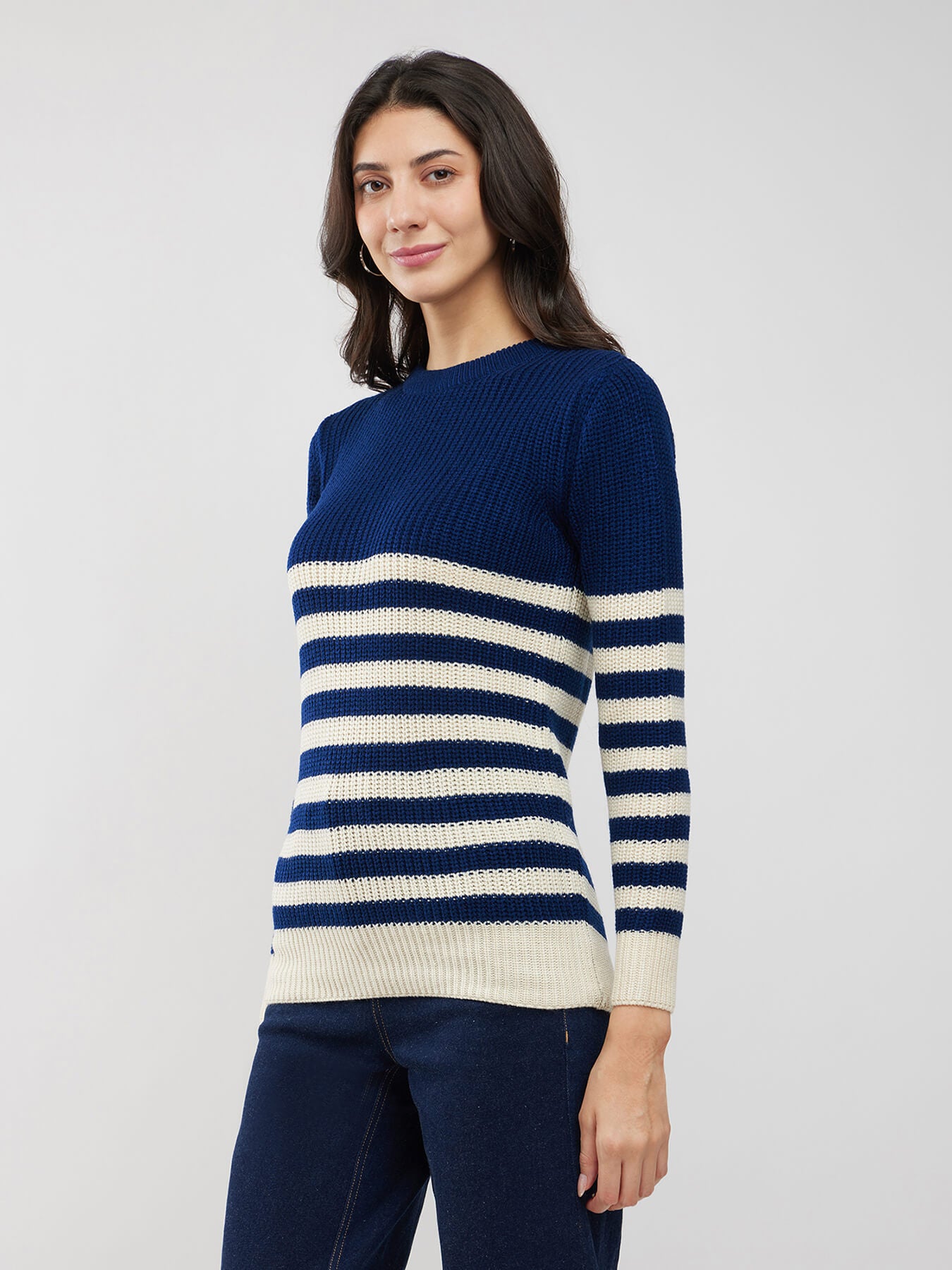 LivSoft Textured Knit Sweater - Navy Blue And Off White
