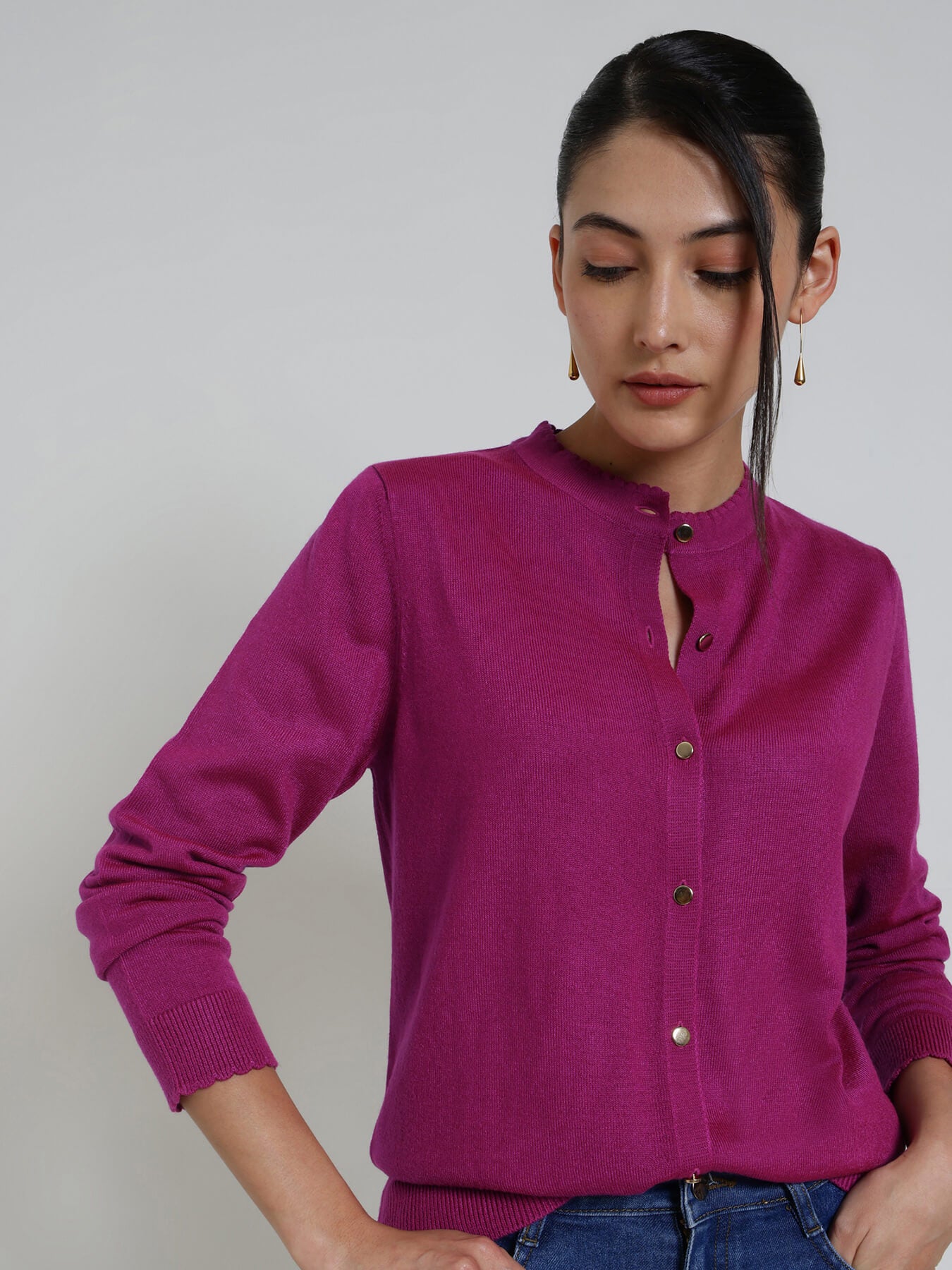 LivSoft Round Neck Cardigan - Magenta