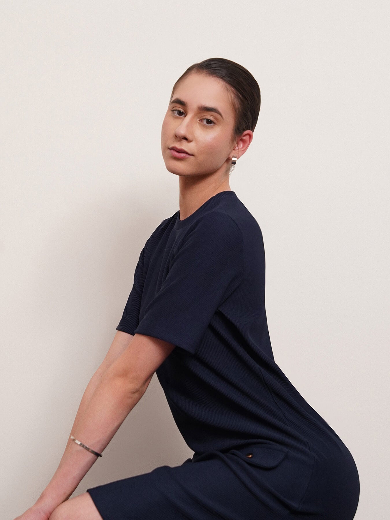 Knitted Shift Dress - Navy Blue