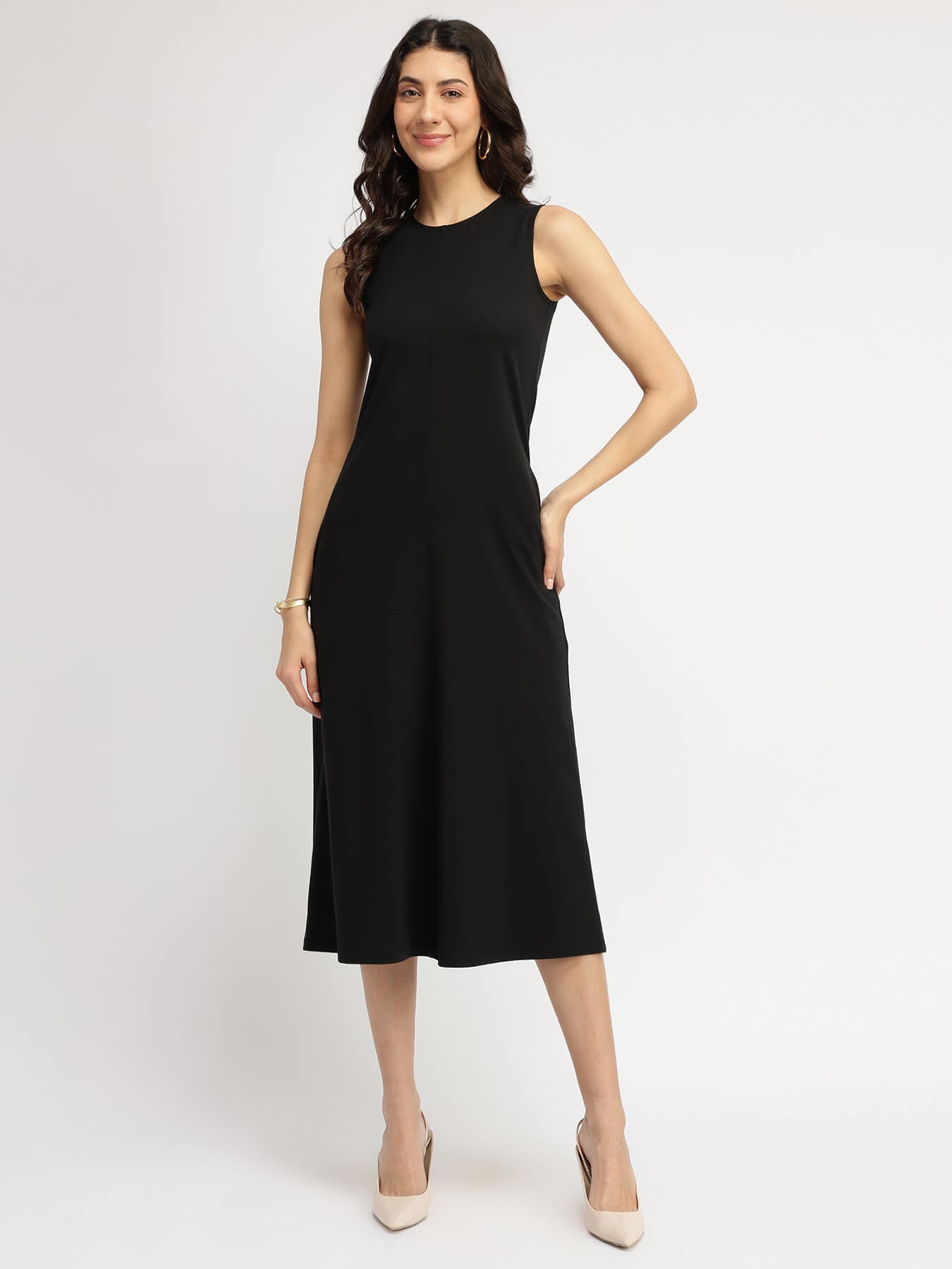 Cotton A Line Knit Dress - Black