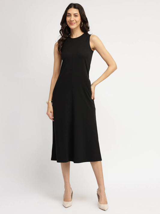 Cotton A Line Knit Dress - Black