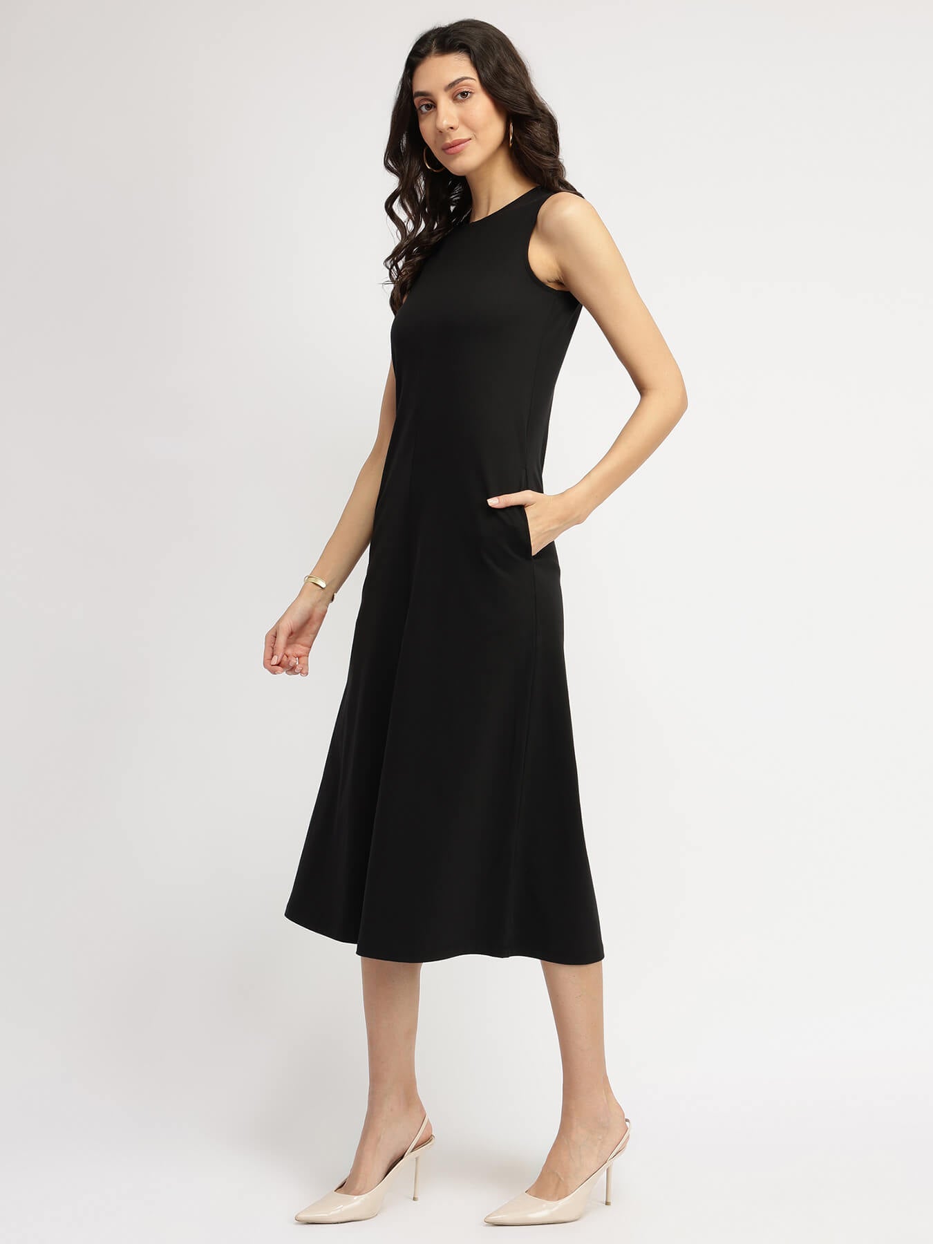 Cotton A Line Knit Dress - Black