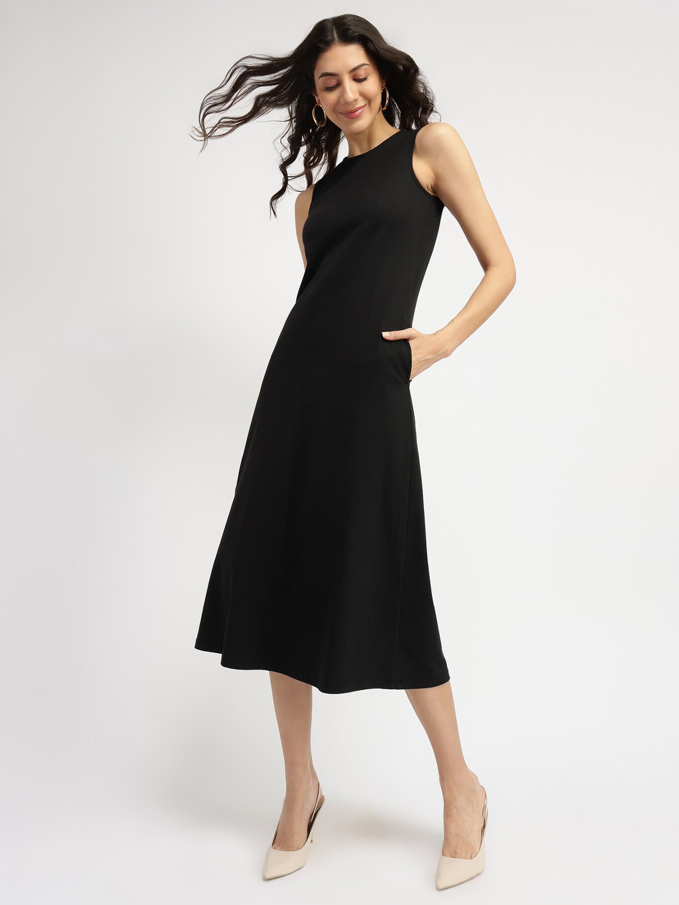 Cotton A Line Knit Dress - Black