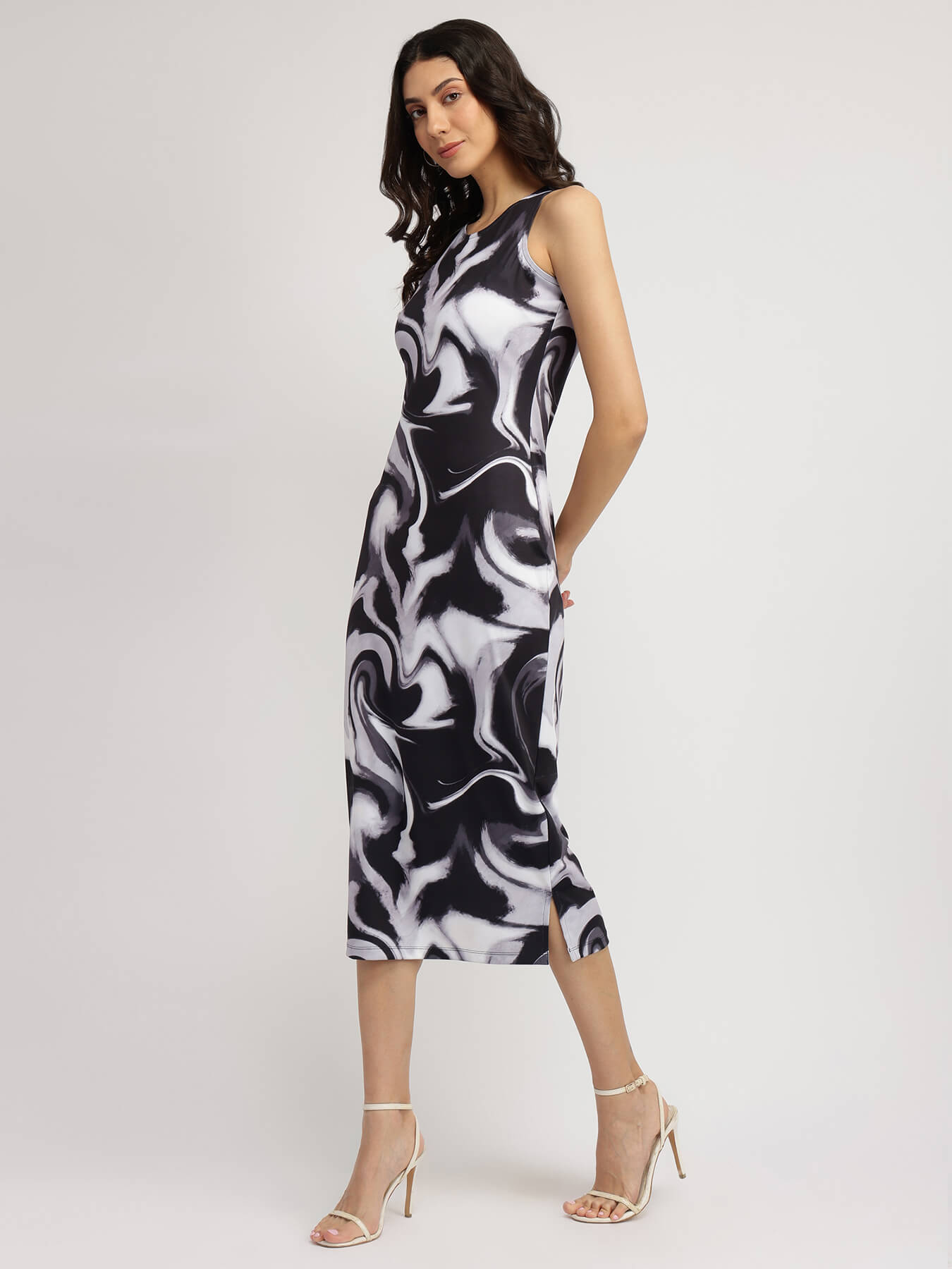 Marble Print Bodycon Dress - Black