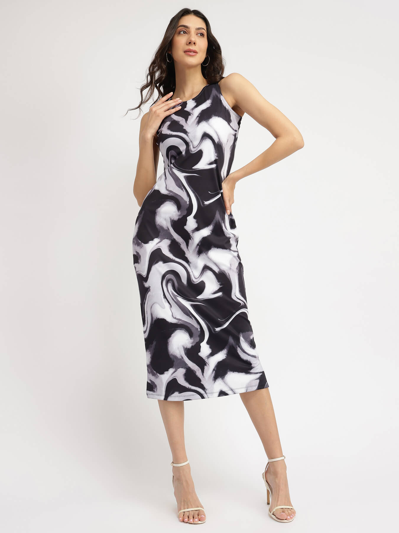 Marble Print Bodycon Dress - Black