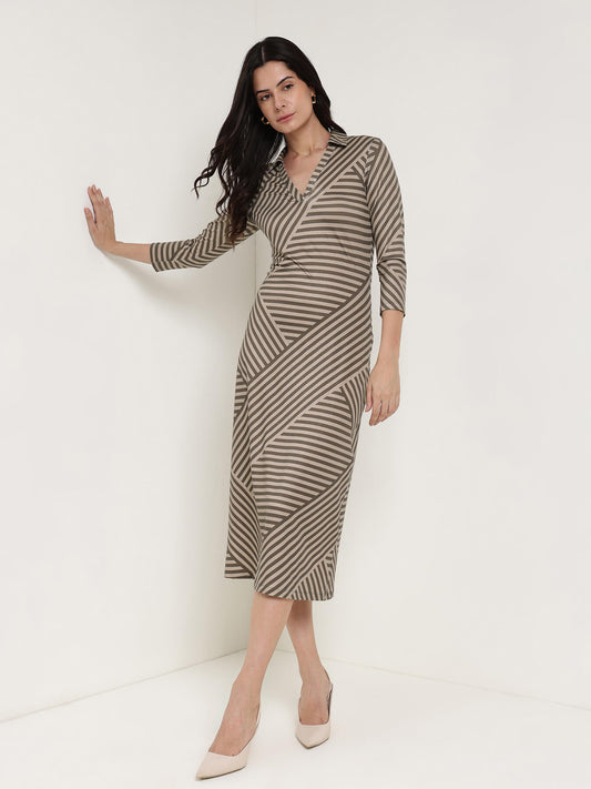 Collared Striped Sheath Dress - Olive