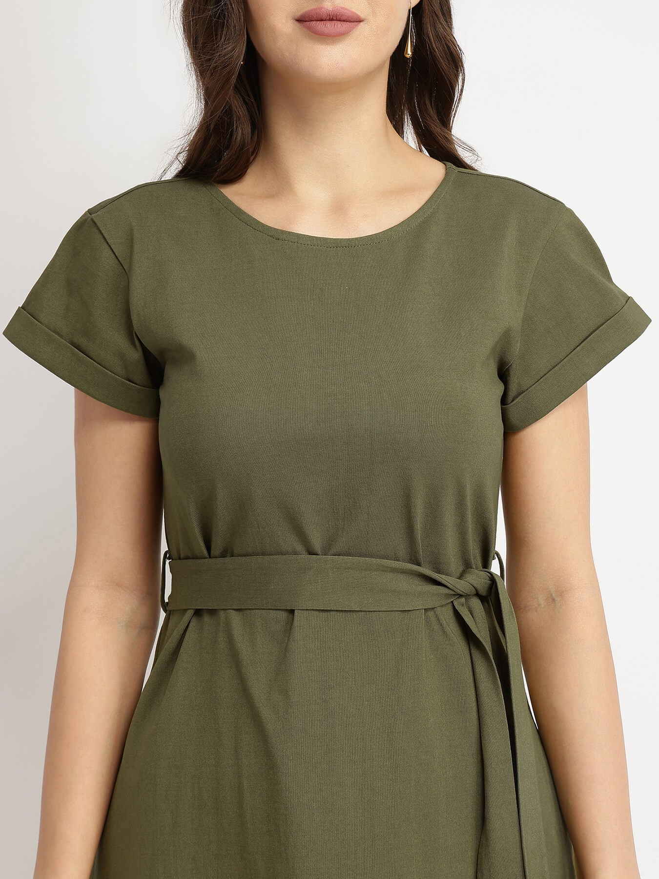 Cotton Knit A-Line Dress - Olive