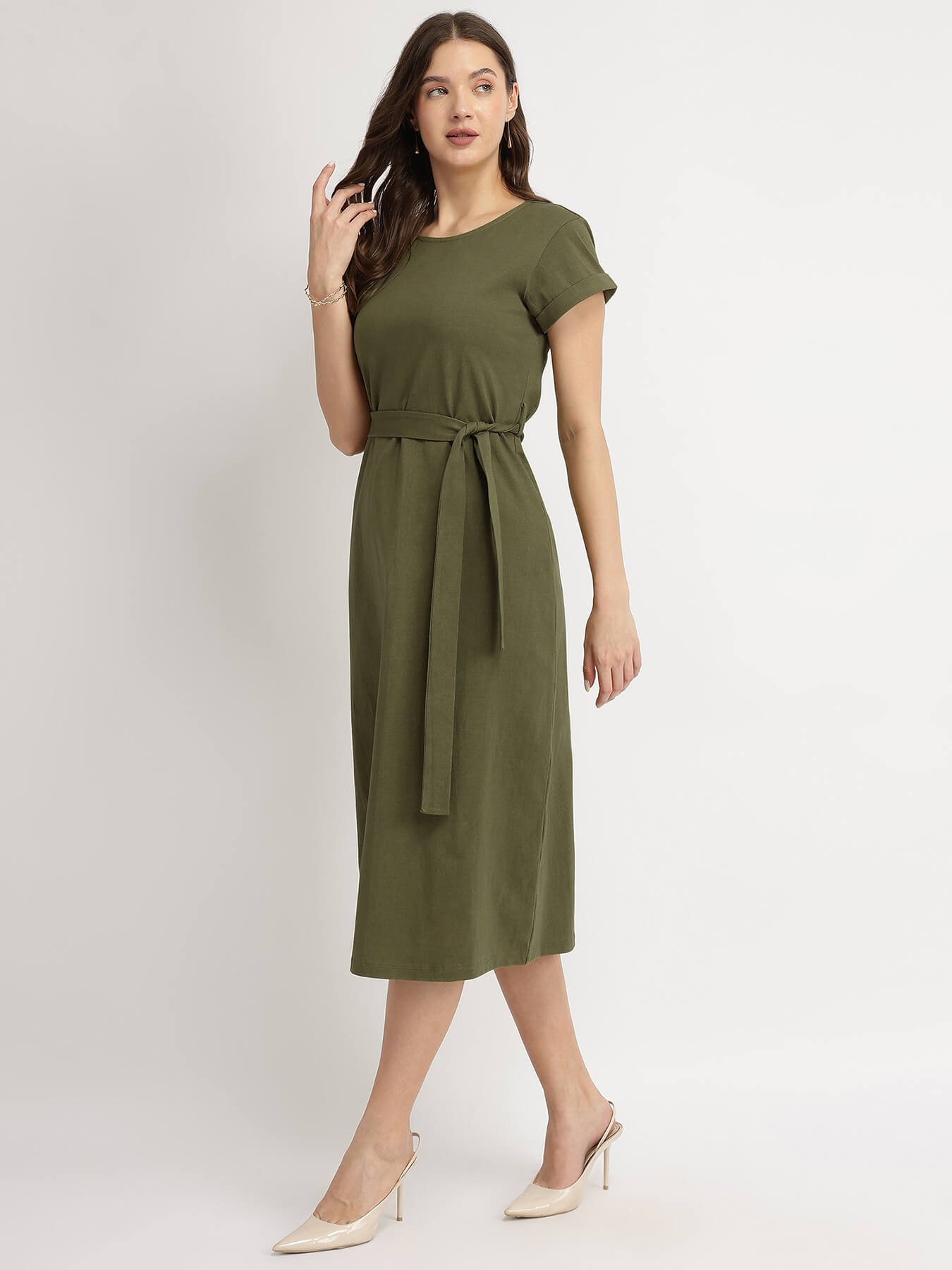 Cotton Knit A-Line Dress - Olive