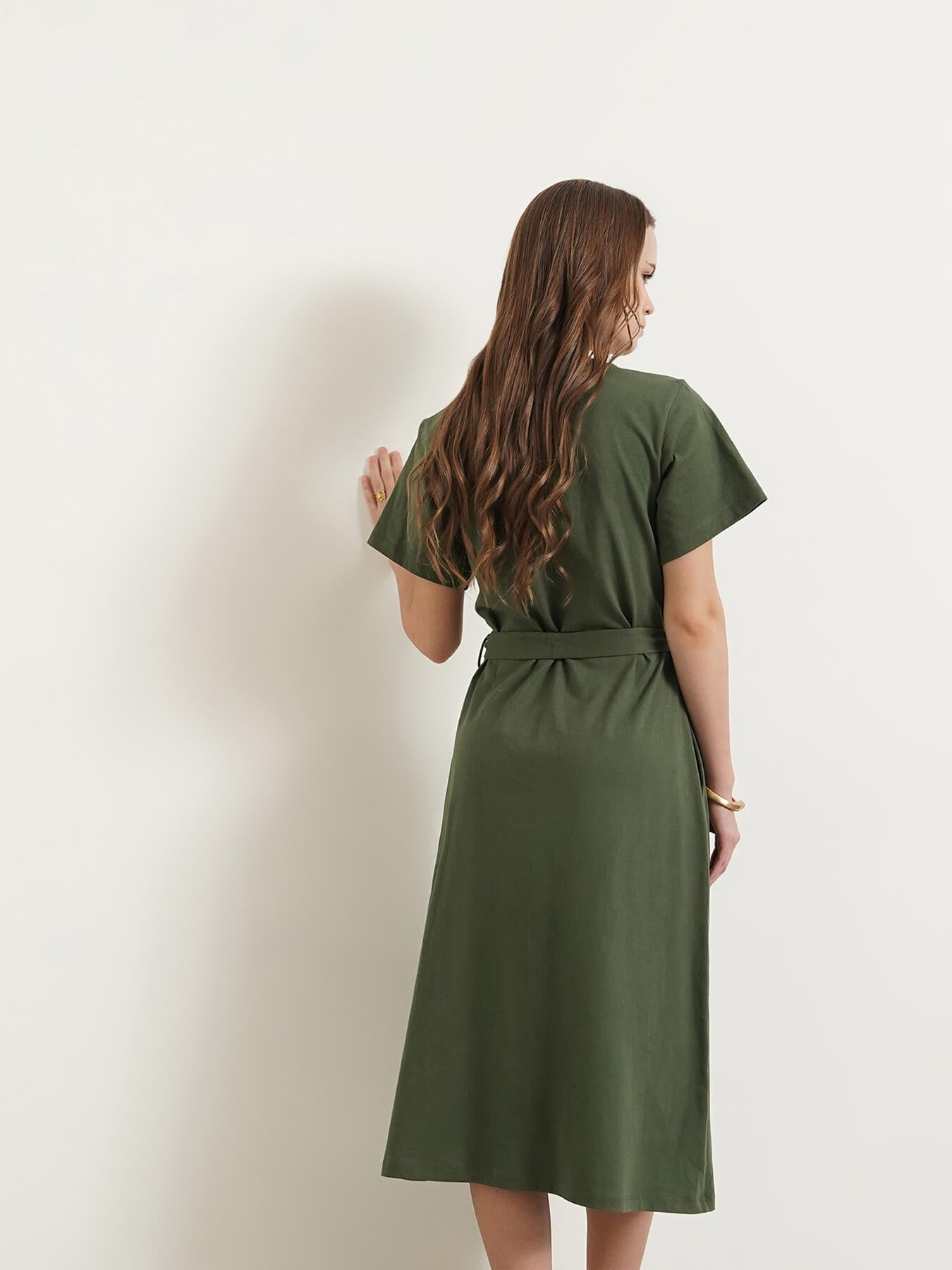 Cotton Knit A-Line Dress - Olive