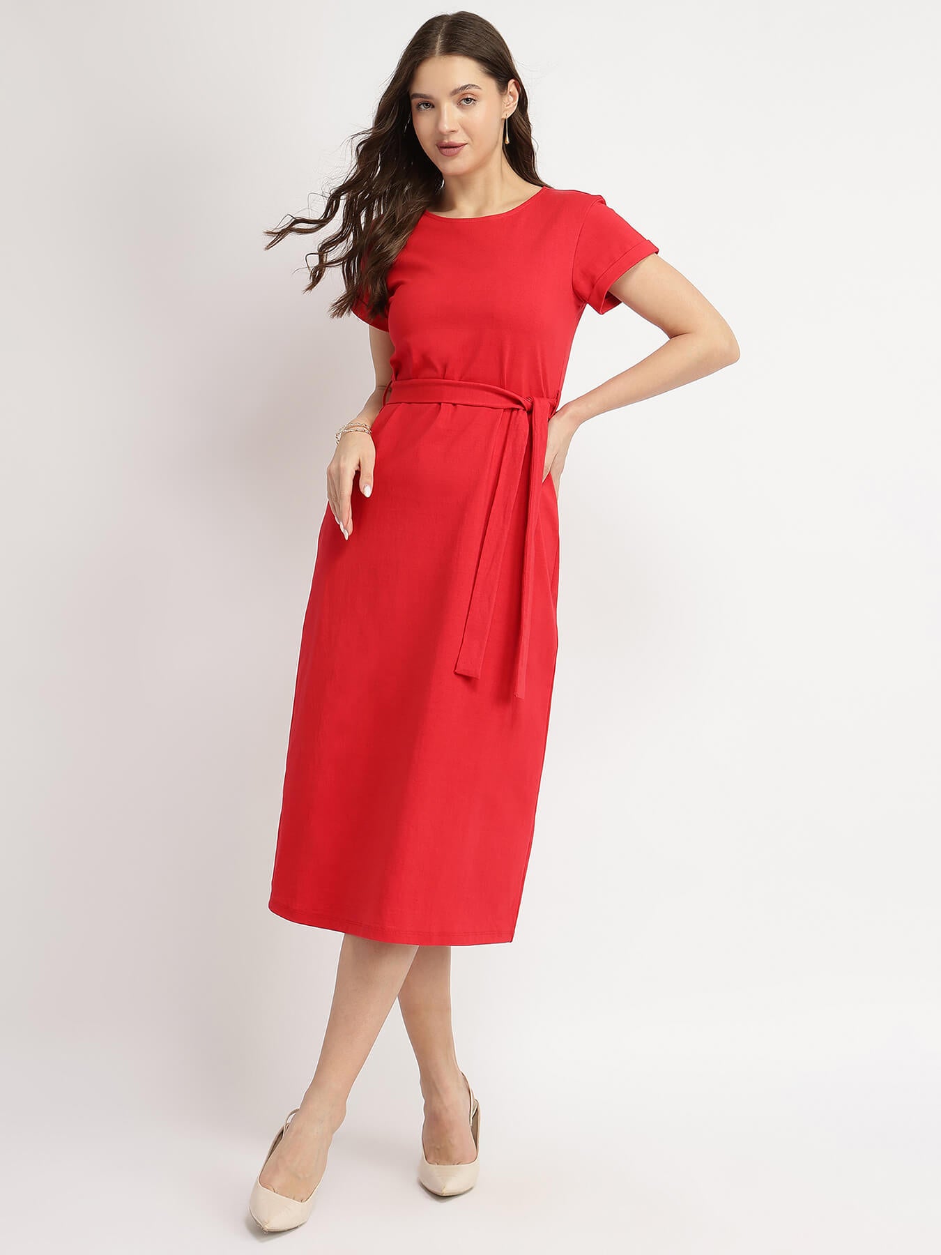 Cotton Knit A-Line Dress - Red
