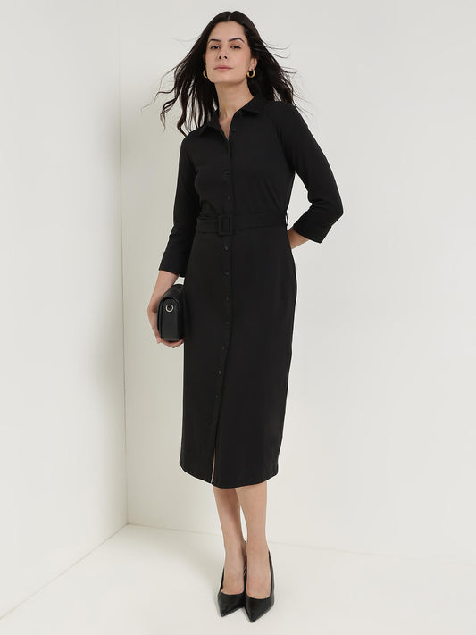 Cotton Shirt Dress - Black