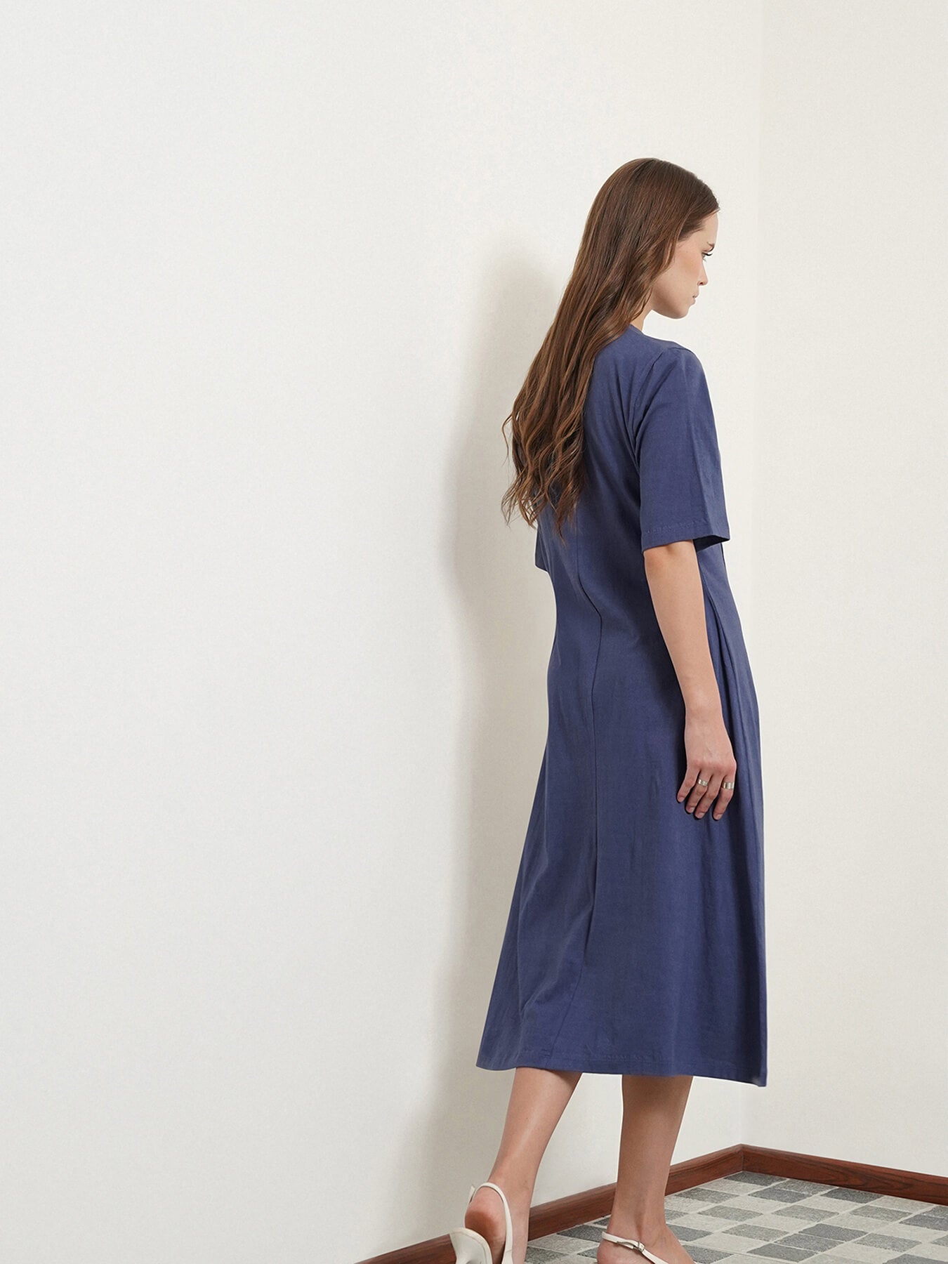 Cotton A-Line Midi Dress - Blue