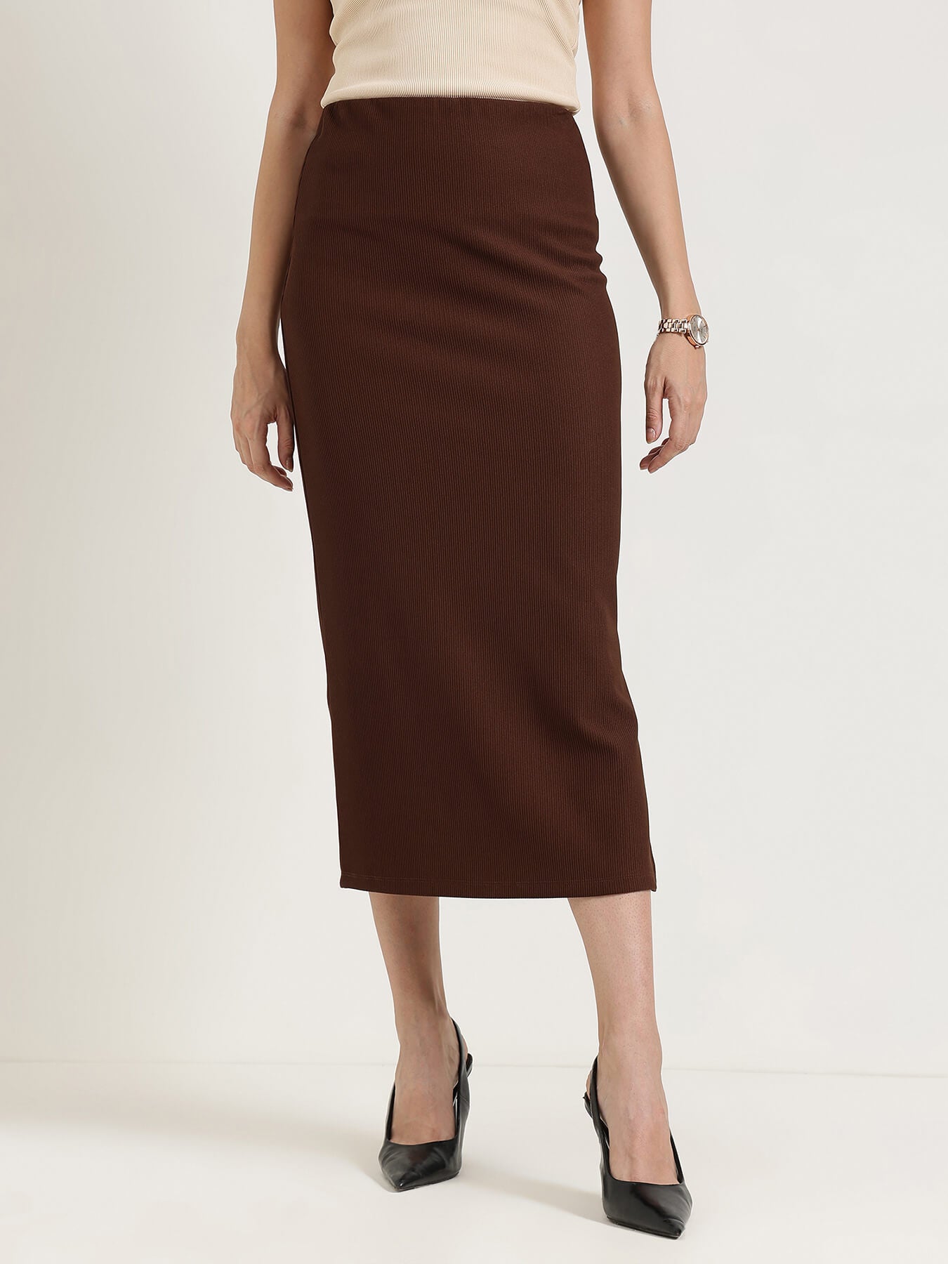 Side Slit Pencil Skirt - Brown
