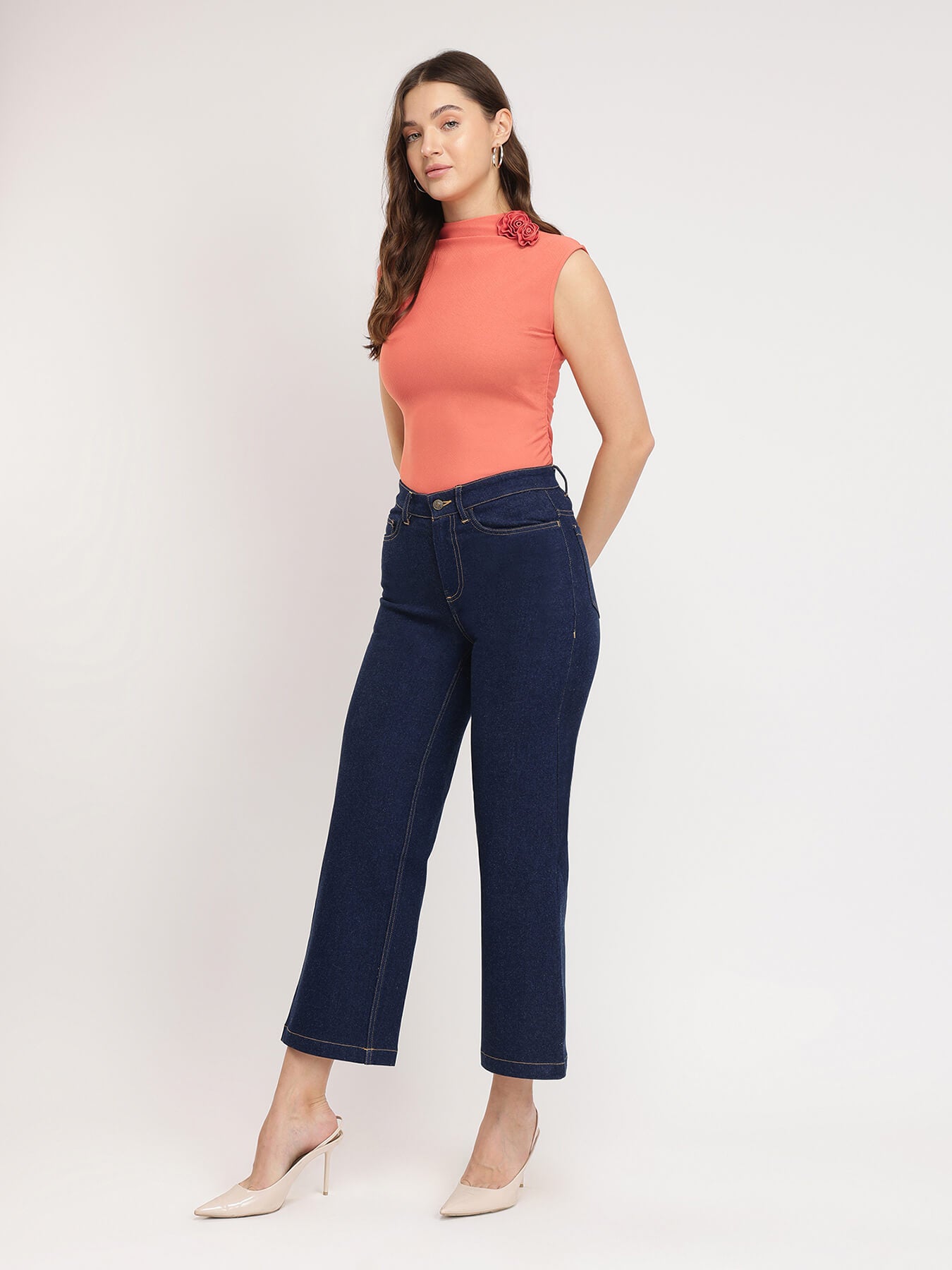 Stretchable High Neck Top - Peach