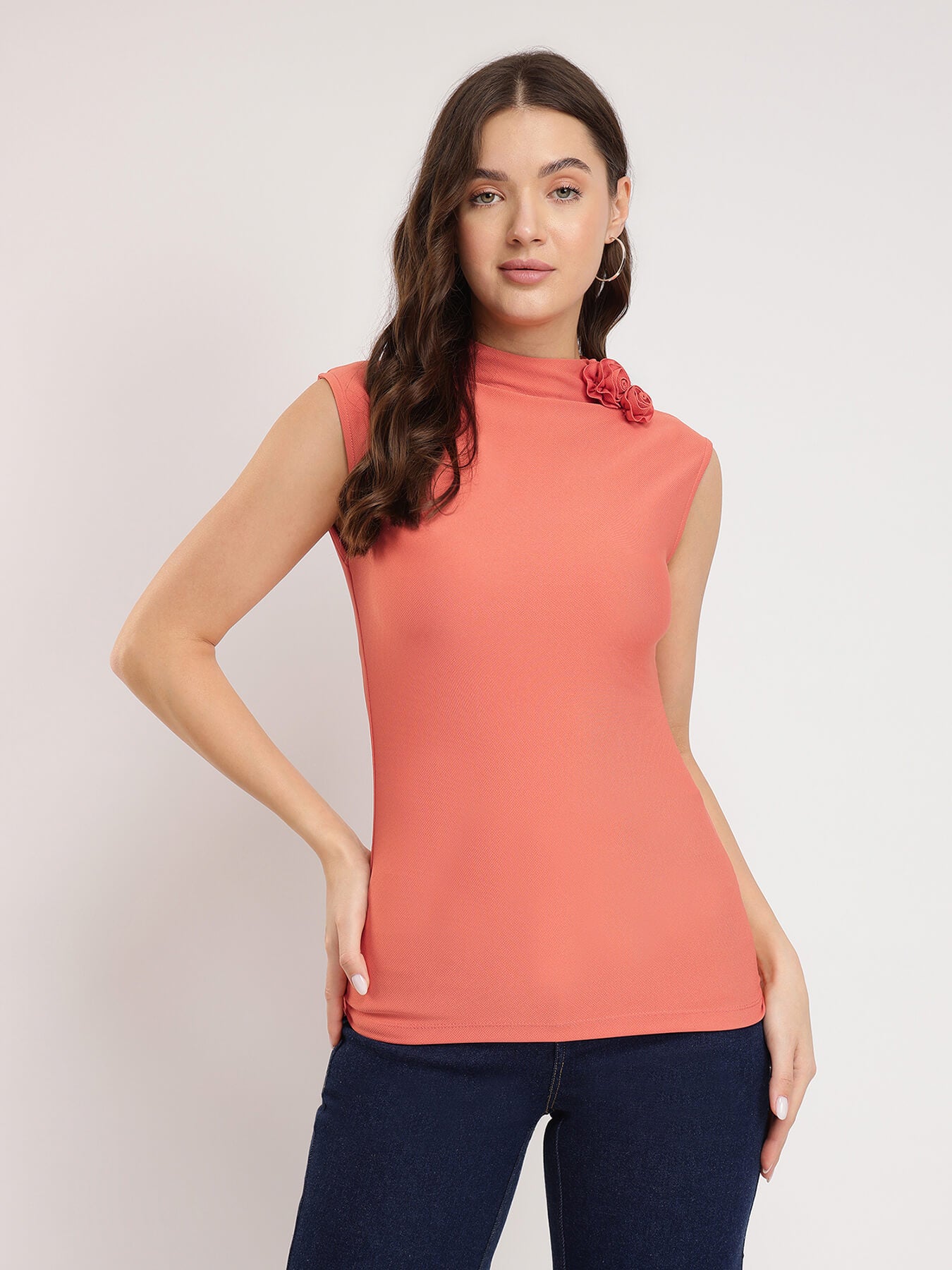 Stretchable High Neck Top - Peach