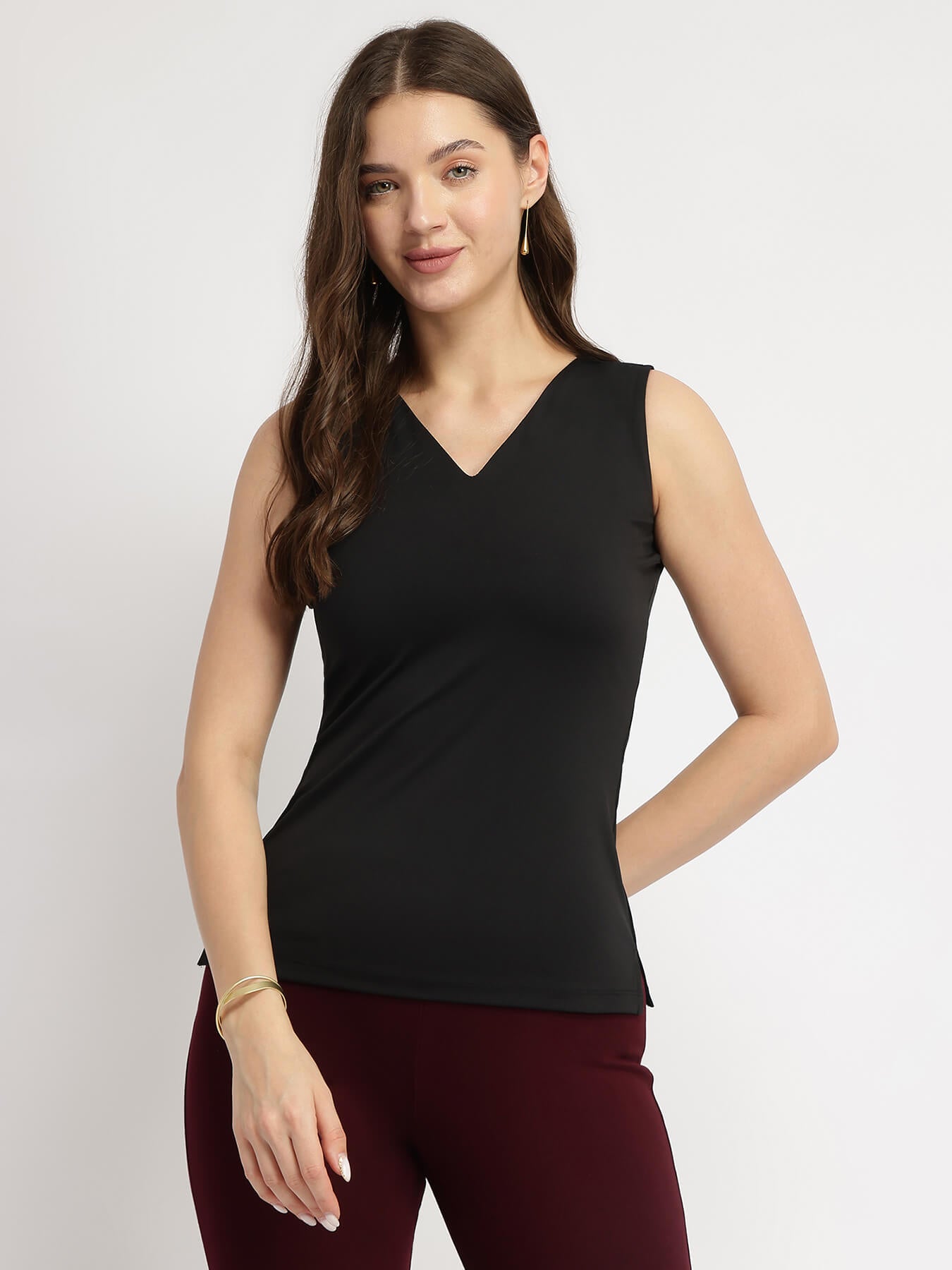 V-Neck Knit Top - Black