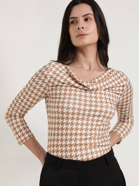 Cowl Neck Houndstooth Top - Off White