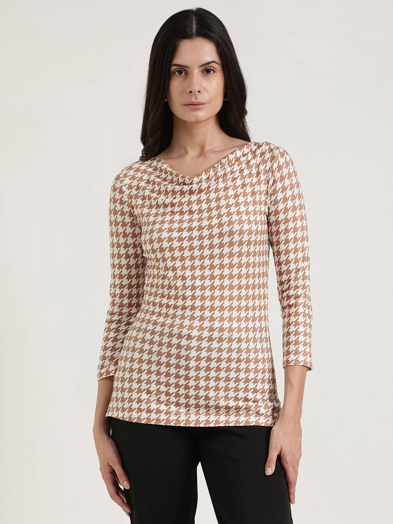 Cowl Neck Houndstooth Top - Off White
