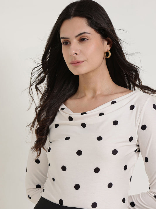 Cowl Neck Polka Top - Off White
